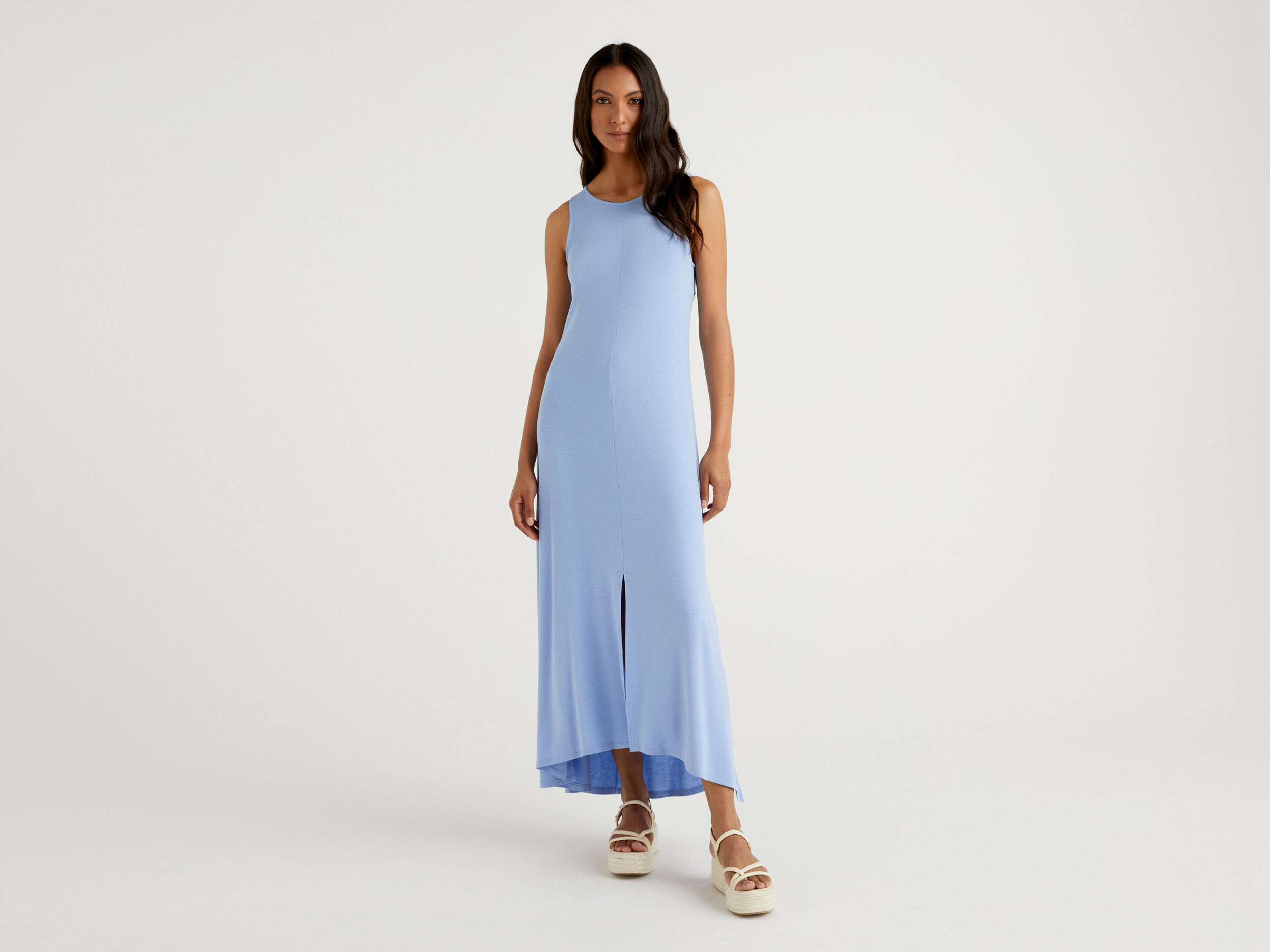 Long dress in stretch viscose Light Blue Benetton