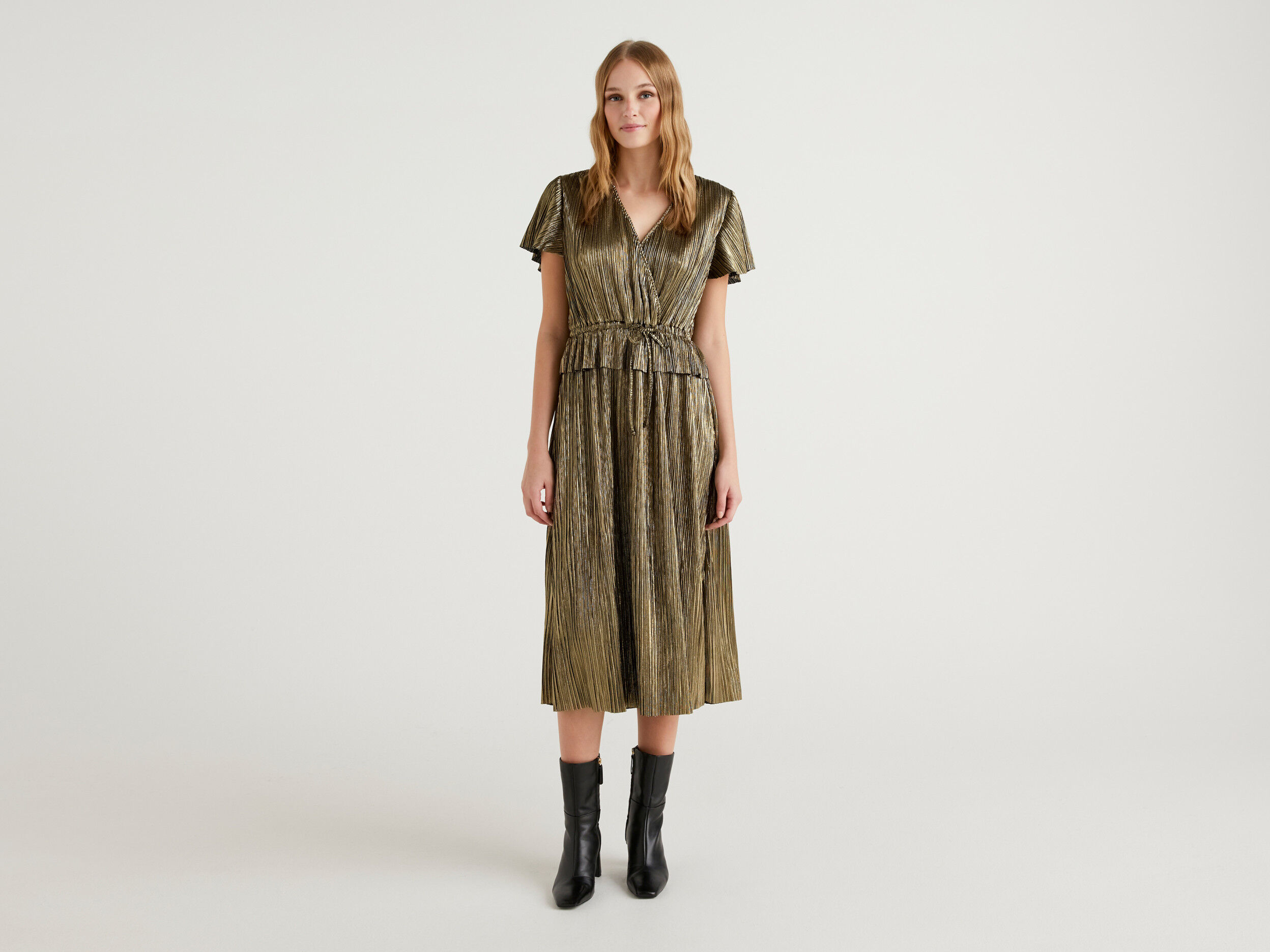 Gold pleated best sale midi dress