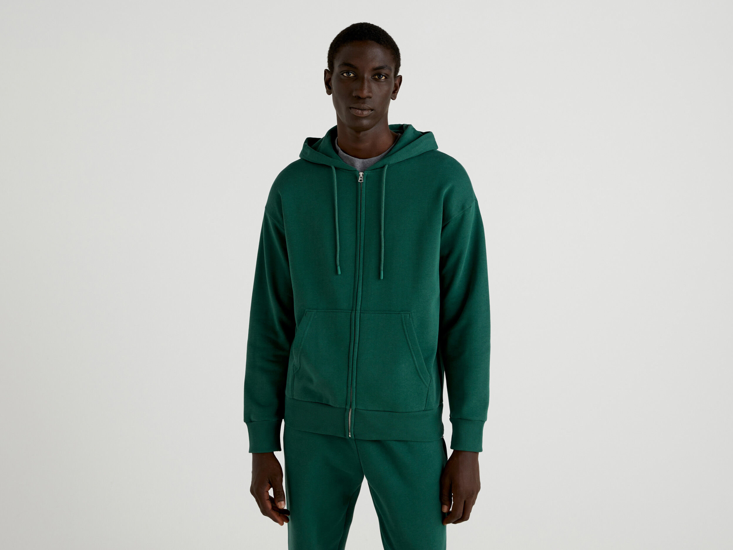 Warm hoodie with zip Dark Green Benetton