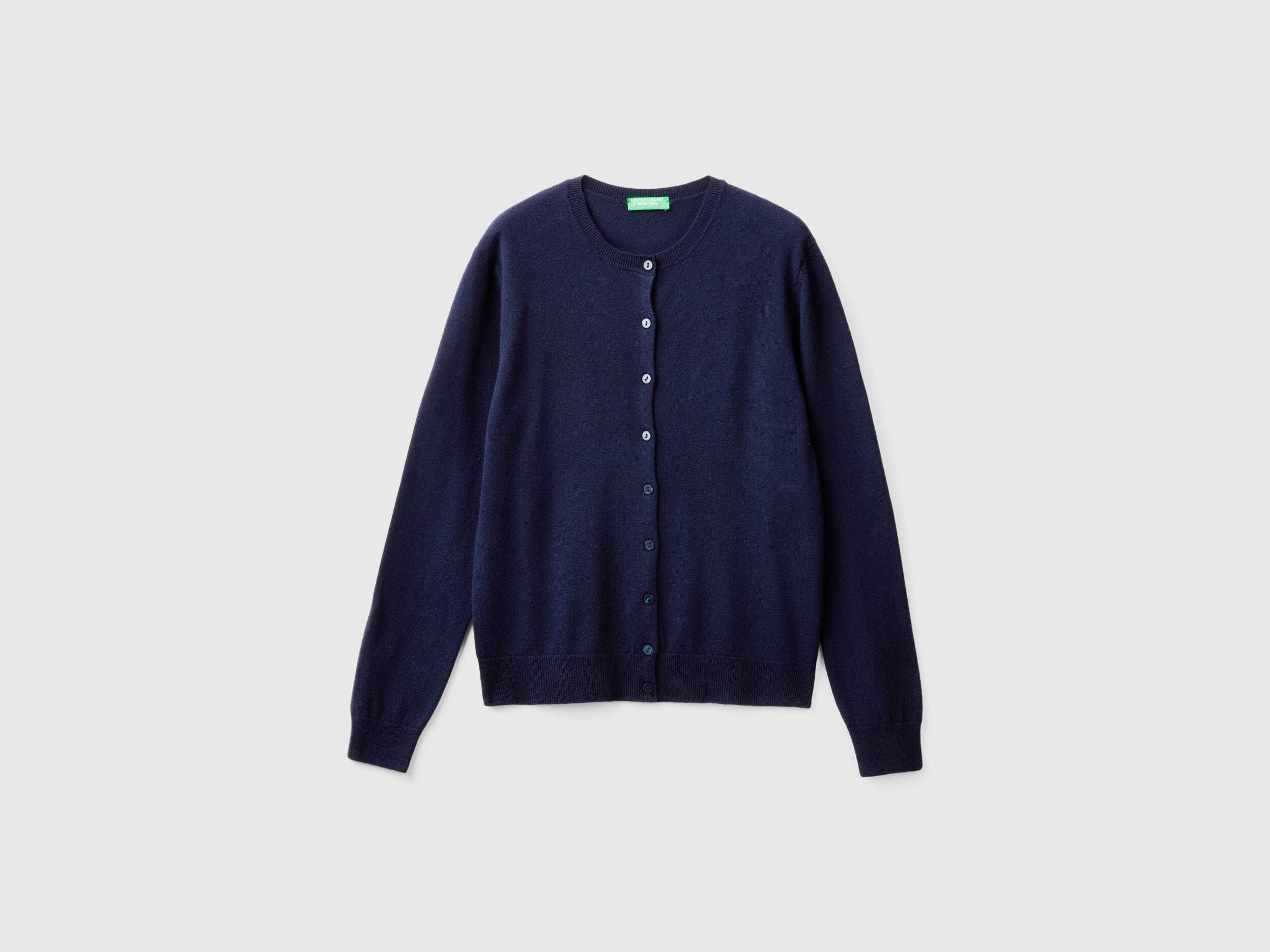 Dark blue crew neck cardigan in pure Merino wool Dark Blue Benetton