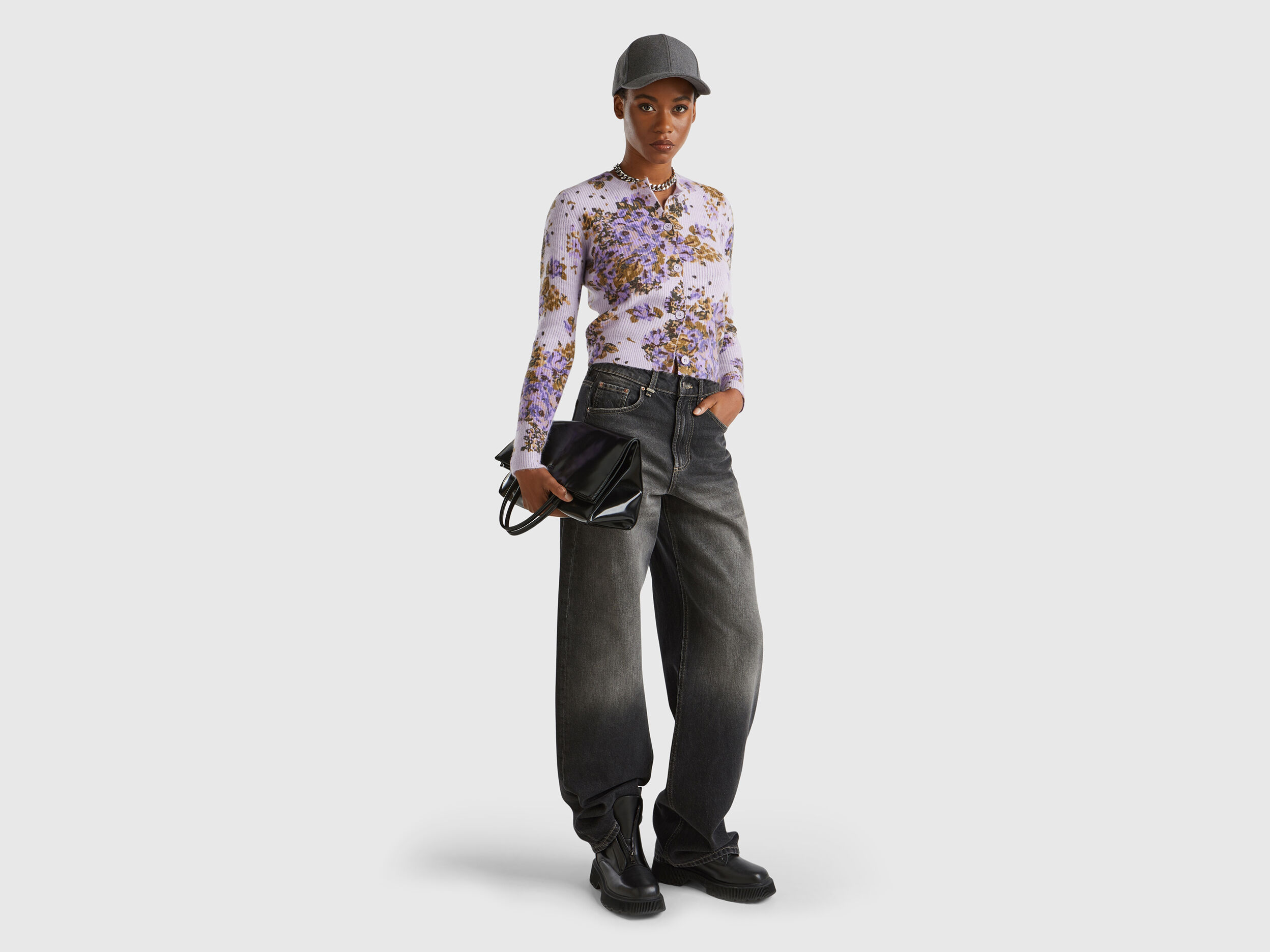 Floral cardigan in recycled yarn - Lilac | Benetton Floral cardigan in recycled yarn - Lilac | Benetton