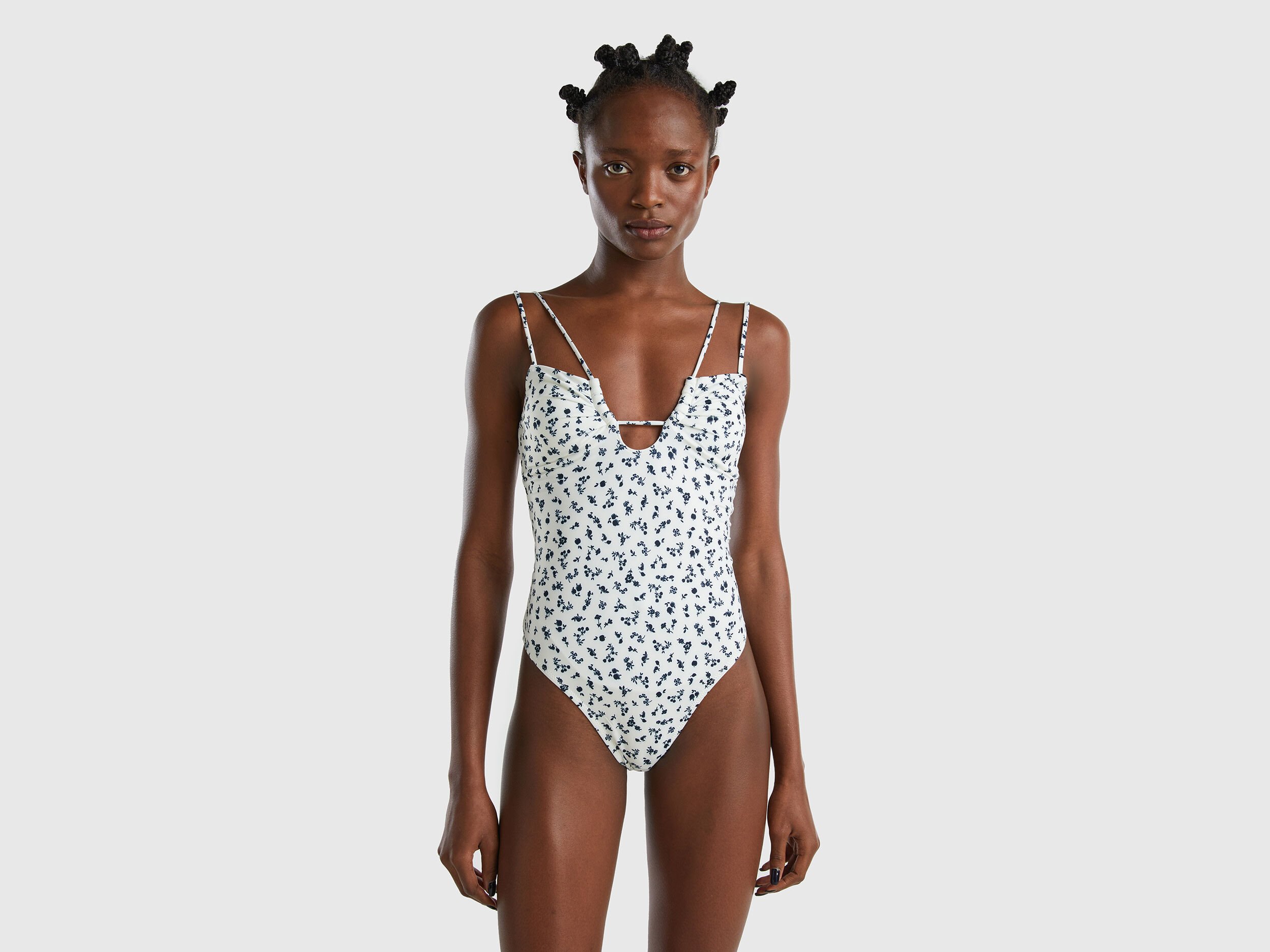 One piece swimsuit with floral print White Benetton