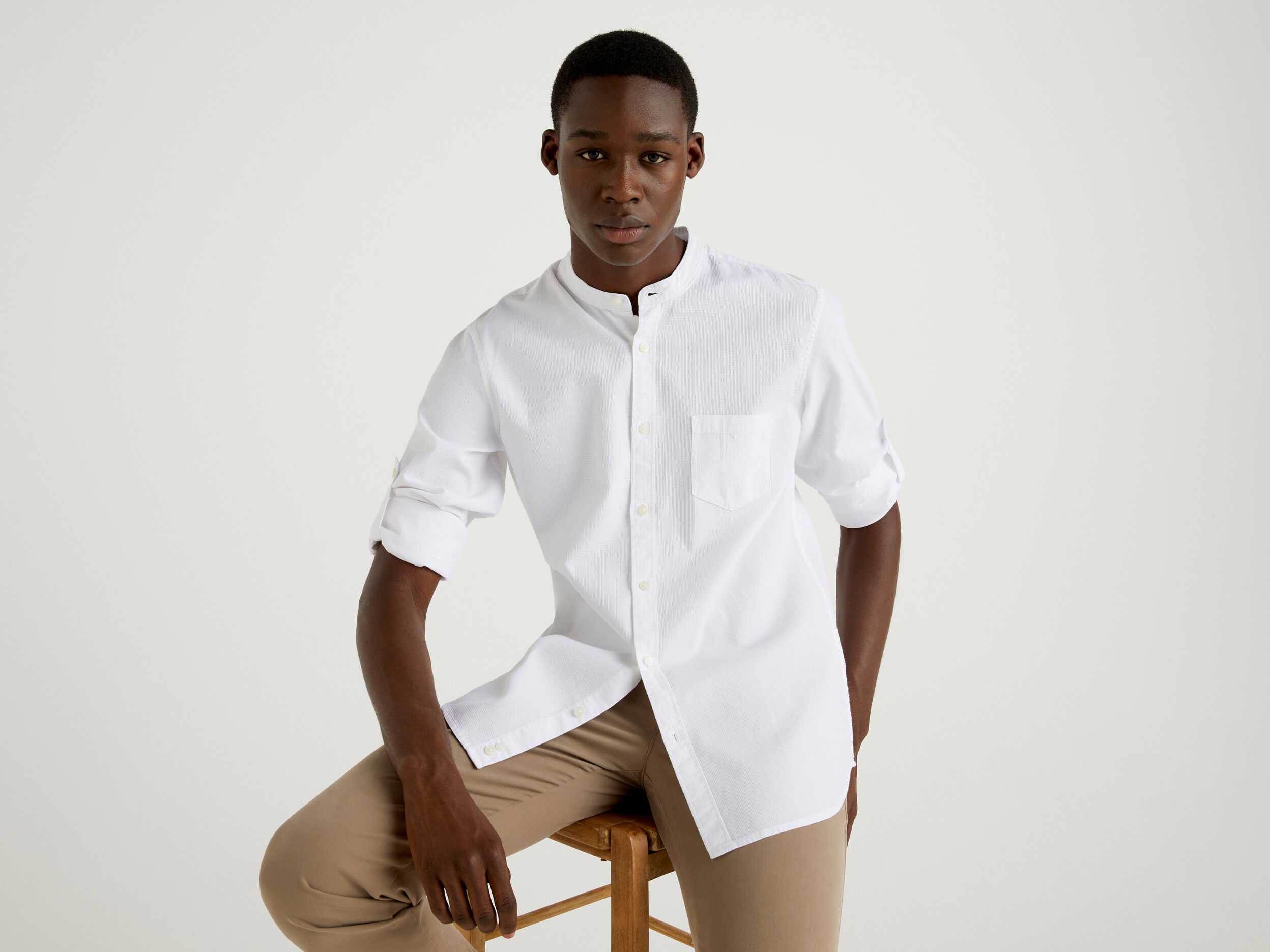 Camisa slim fit de cuello mao Blanco Benetton