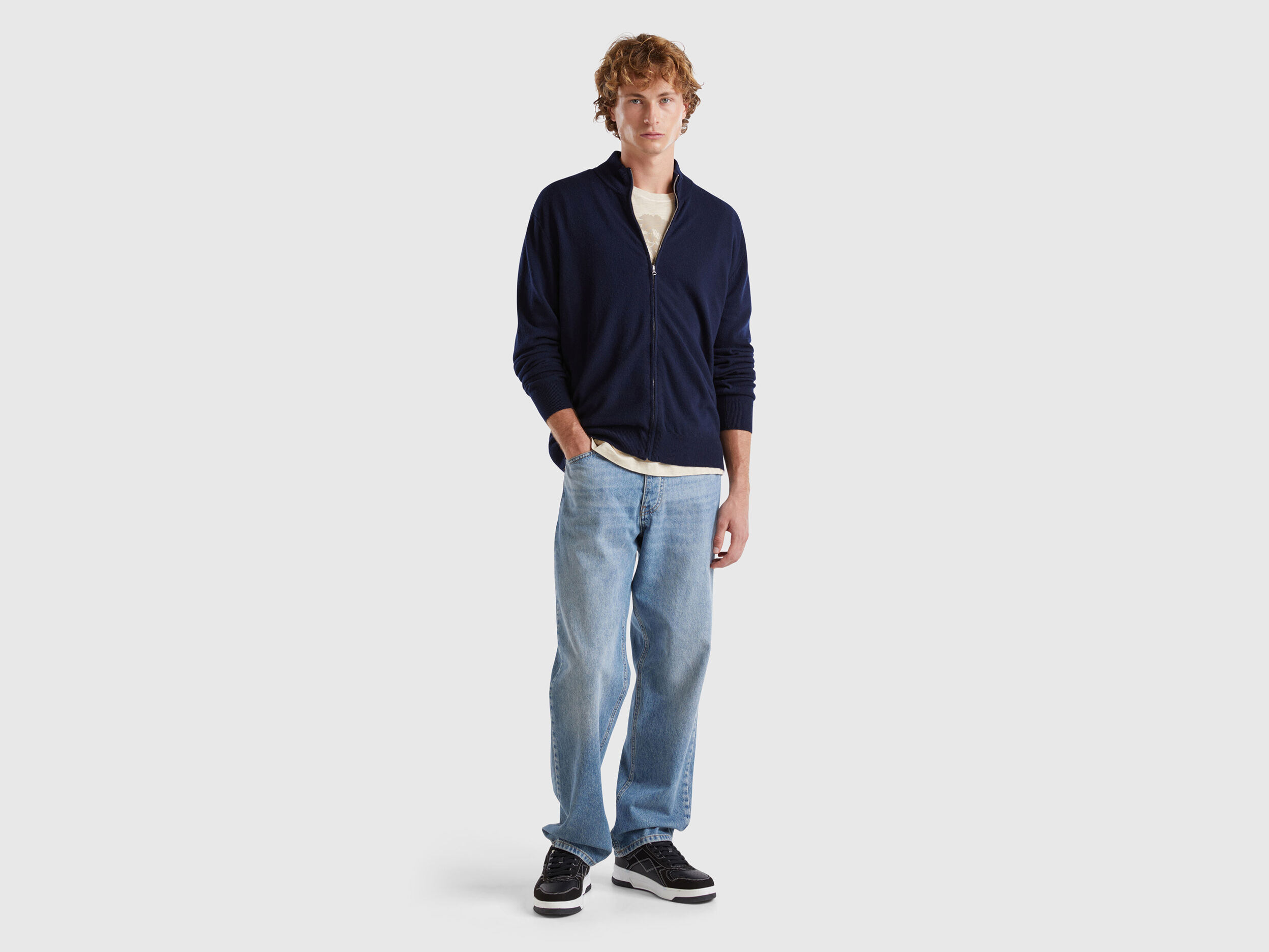 Midnight blue zip-up cardigan in pure Merino wool - Dark