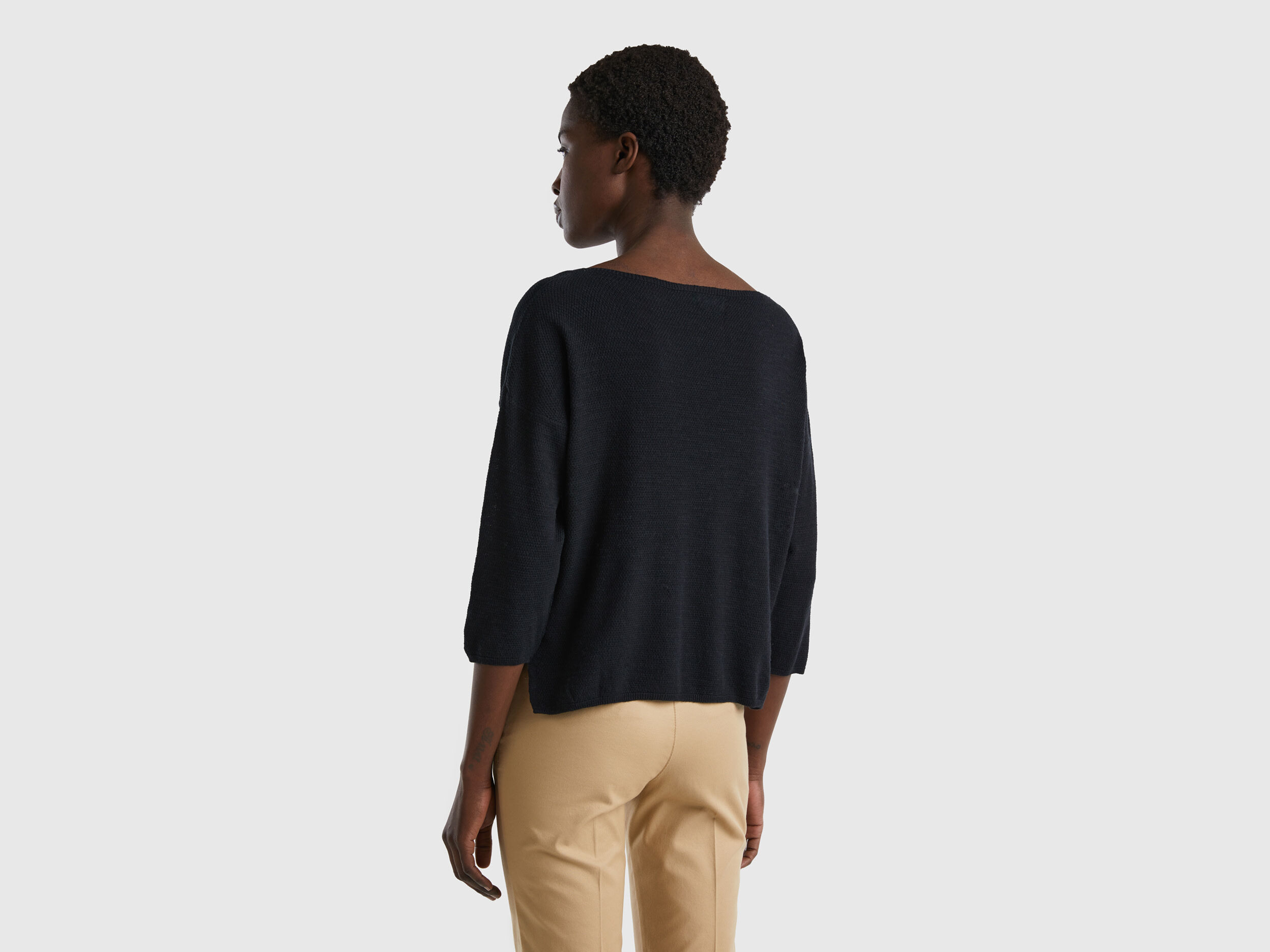 Jersey de lino mixto con manga francesa Negro Benetton