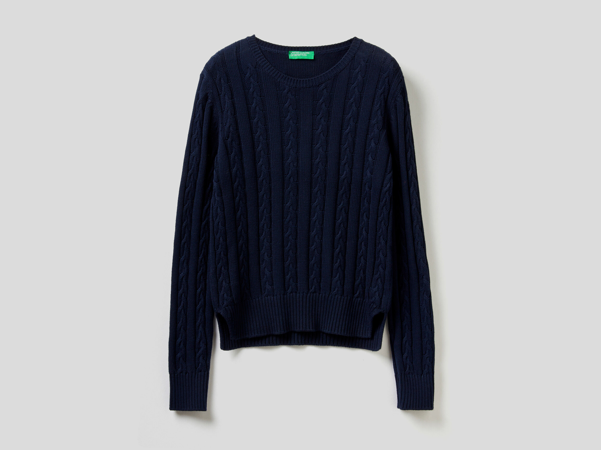 Cotton sweater with cable knit - Dark Blue | Benetton