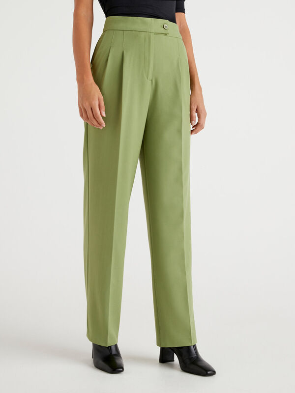 Sage green merino wool high waisted pleated stretch Dress Pants