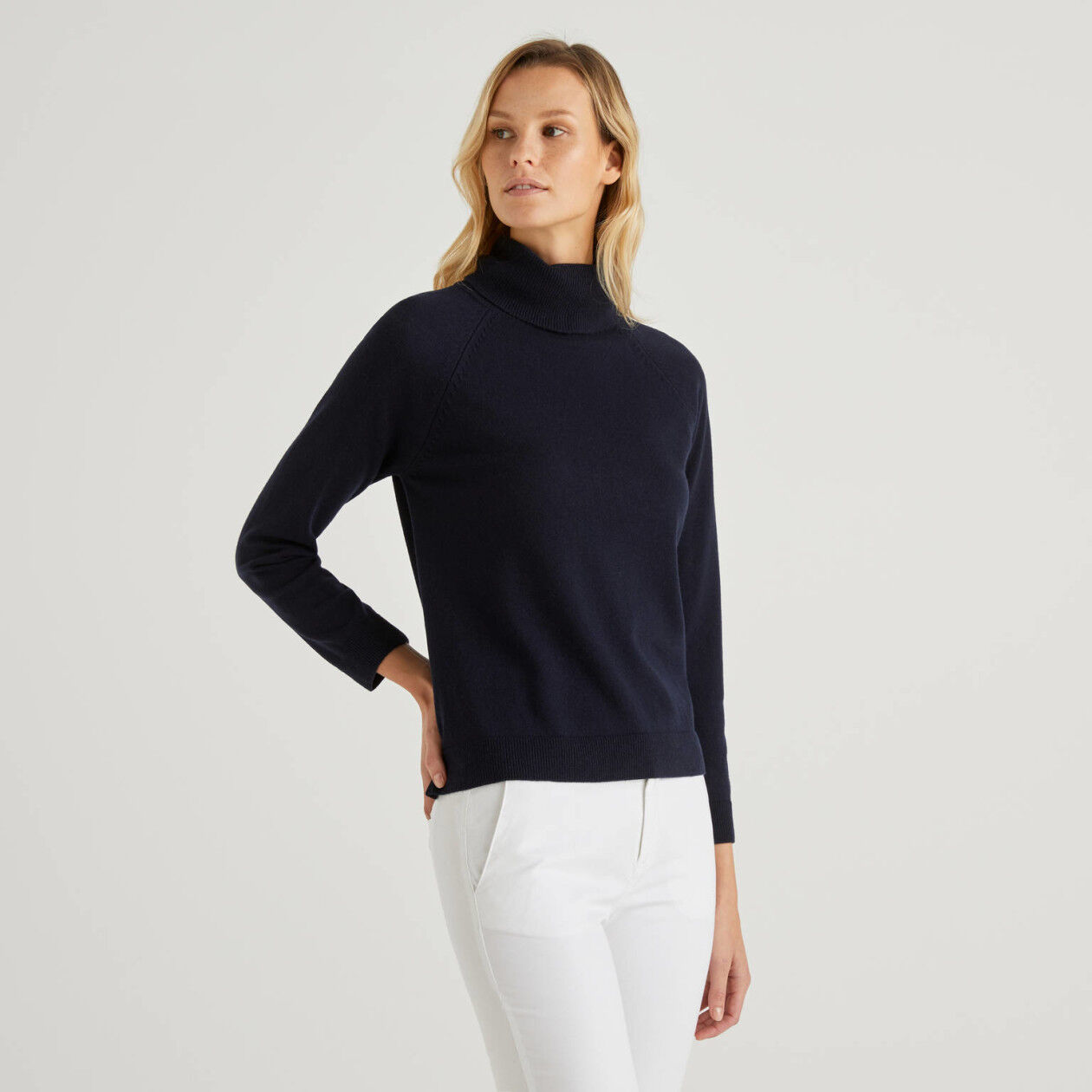 dark blue turtleneck sweater