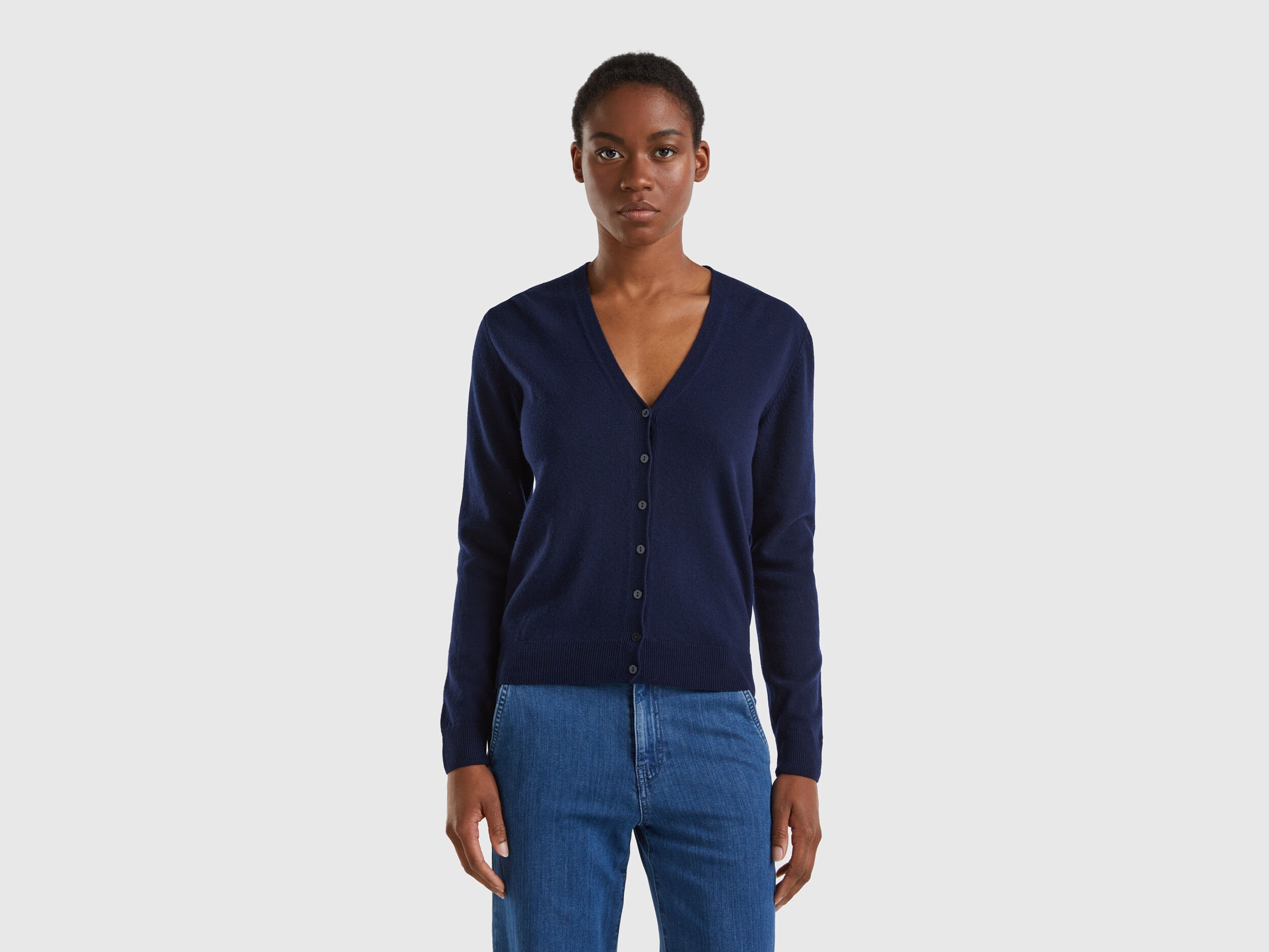 Dark blue V neck cardigan in pure Merino wool Dark Blue Benetton