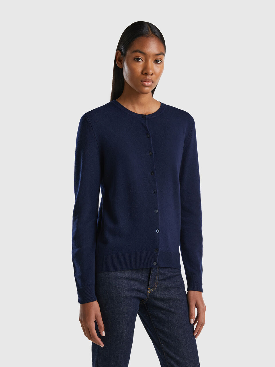 Dark blue crew neck cardigan in pure Merino wool - Dark Blue | Benetton