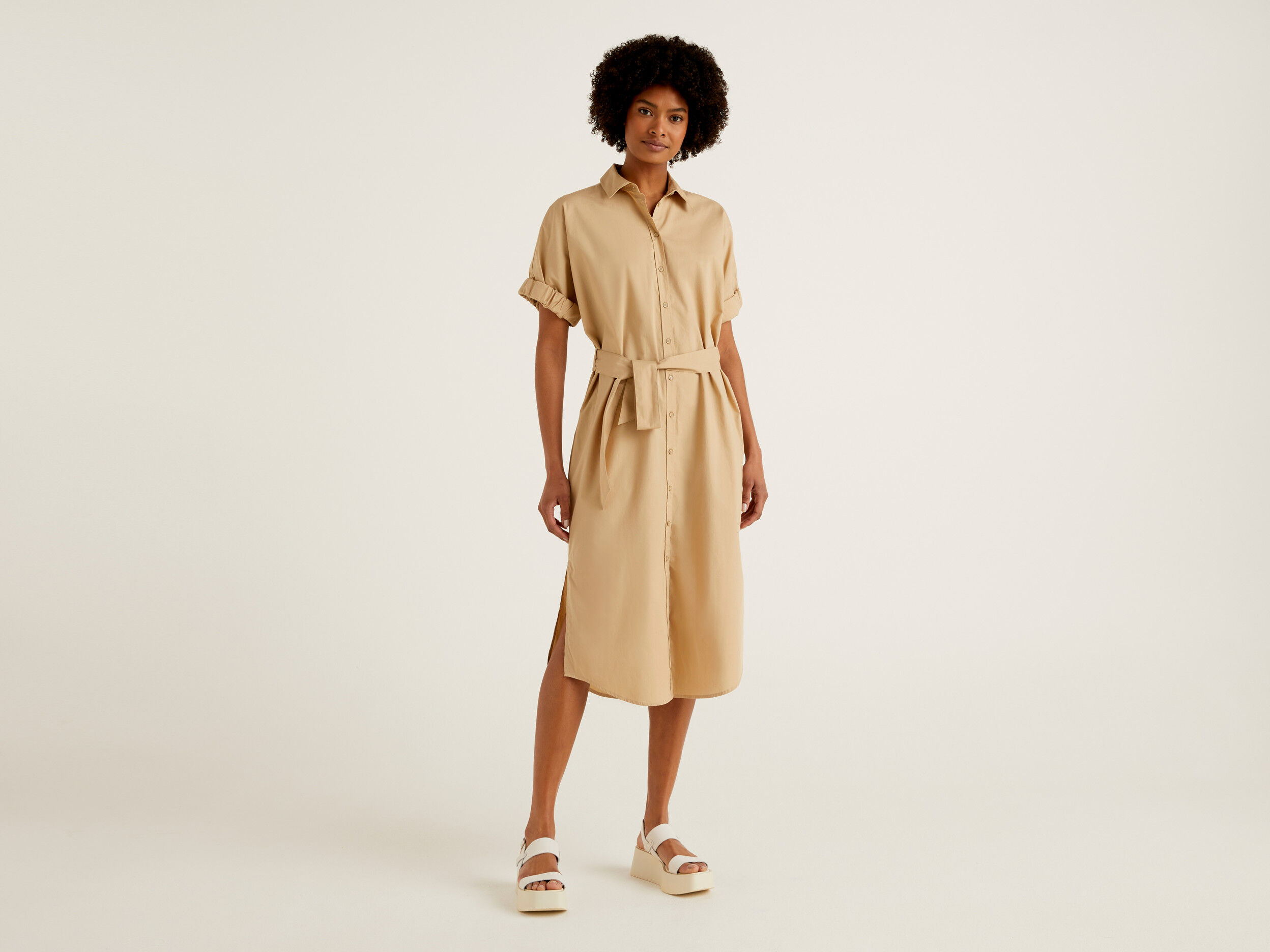 Midi shirt dress with belt - Beige | Benetton