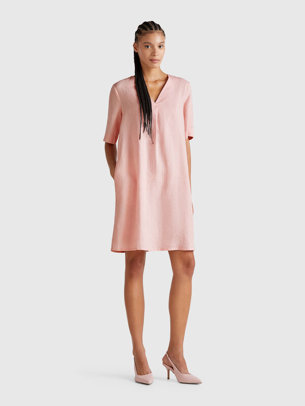 Vestido de manga corta en puro lino Mujer