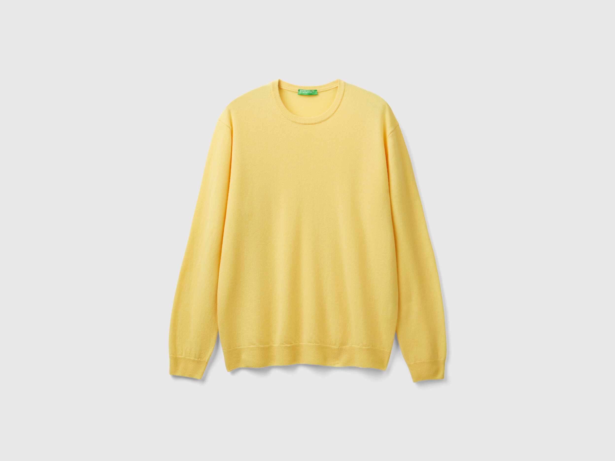 Yellow crew neck sweater in pure Merino wool Yellow Benetton
