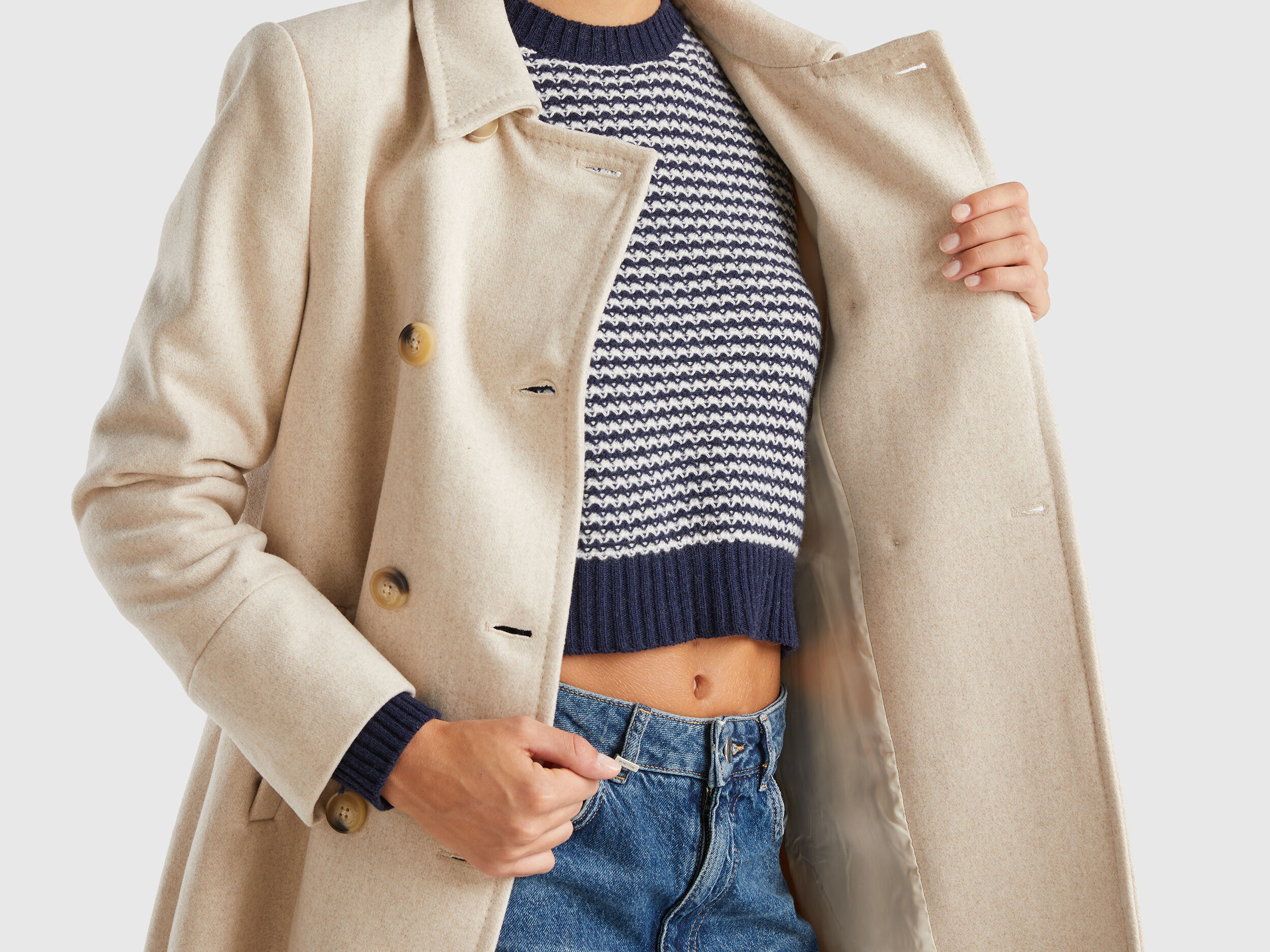 Short coat in wool blend - Beige | Benetton