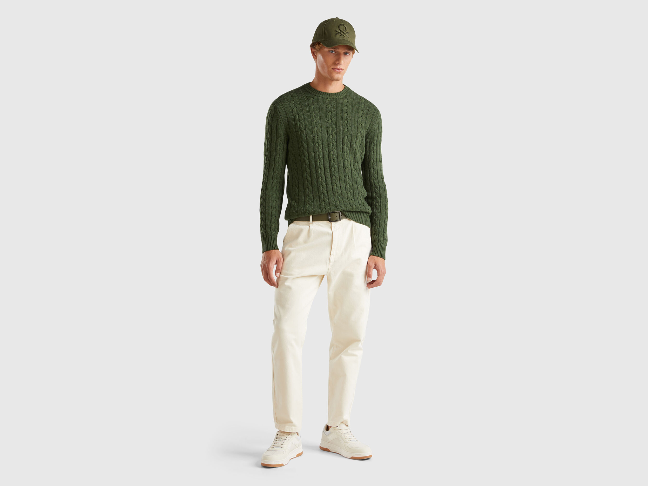 Cable knit sweater in cashmere blend - Dark Green | Benetton