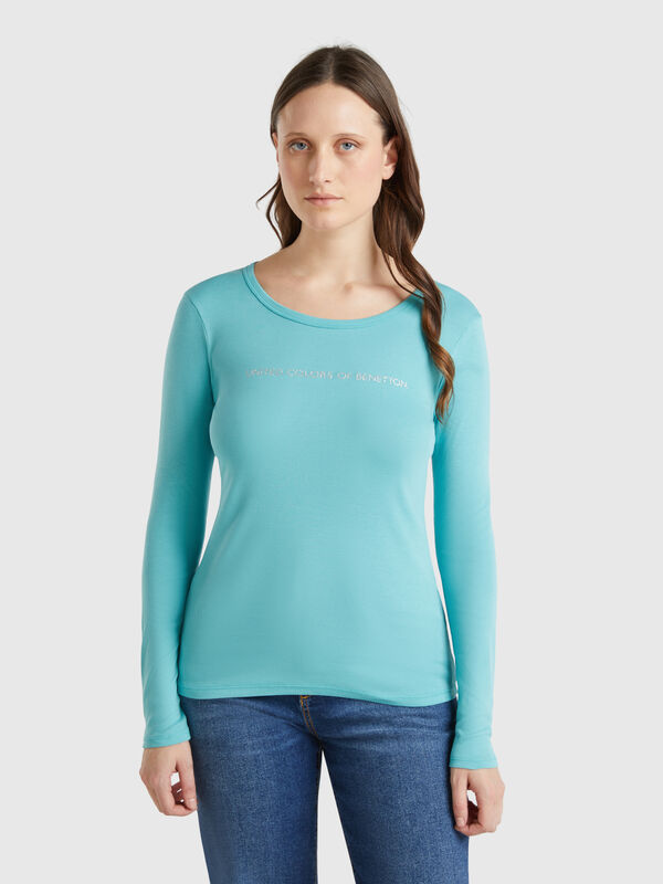 Camiseta verde agua de manga larga de 100 % algodón Mujer