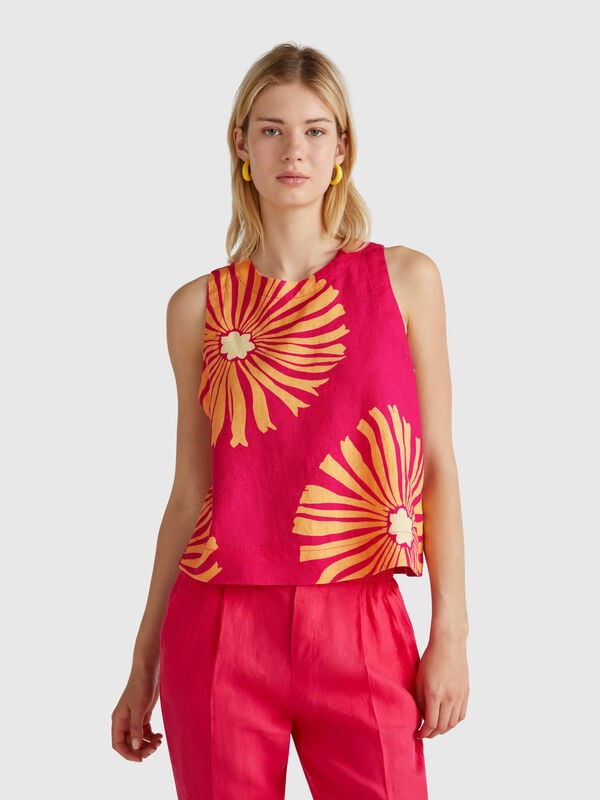Top estampado de puro lino Mujer