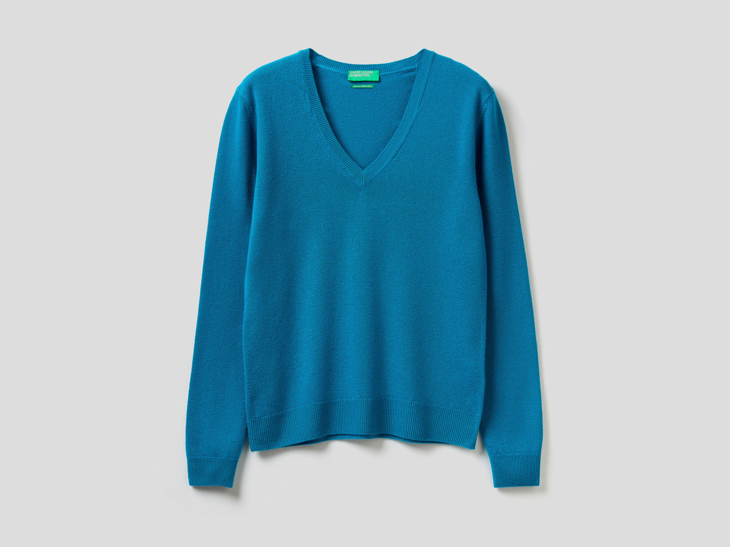 Teal V neck sweater in pure Merino wool Teal Benetton