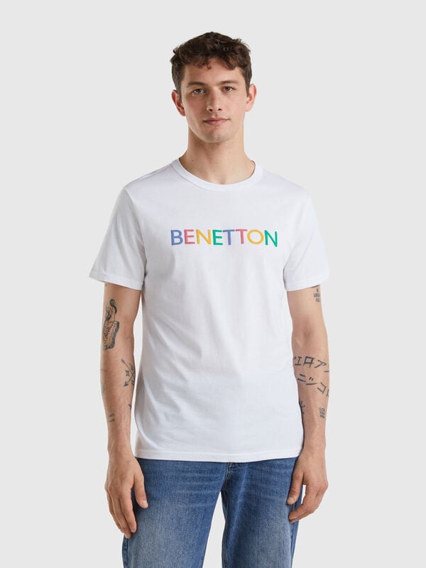 Camiseta blanca de algodón orgánico con logotipo multicolor Hombre