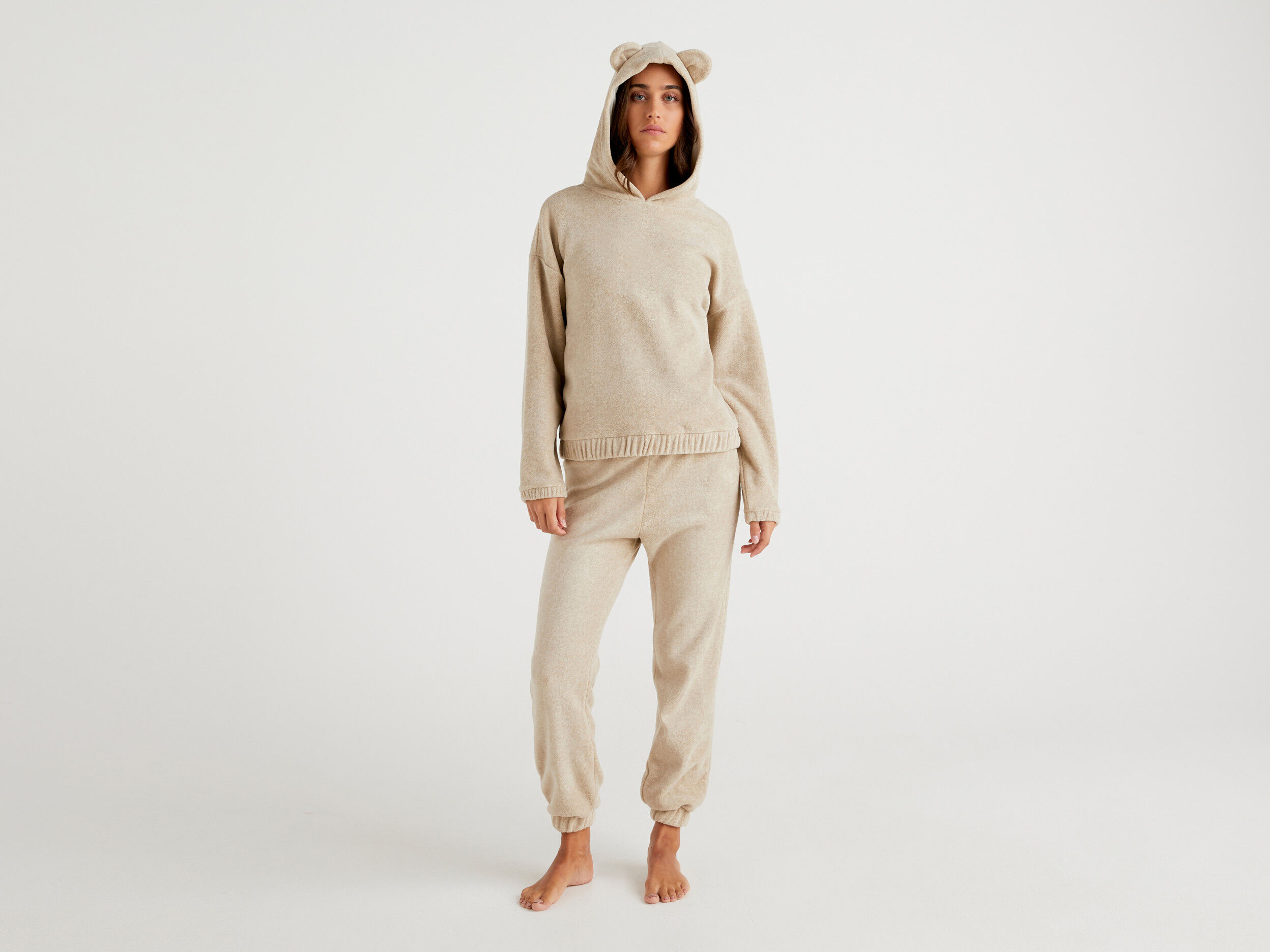 Sweater with teddy bear hood - Beige | Benetton