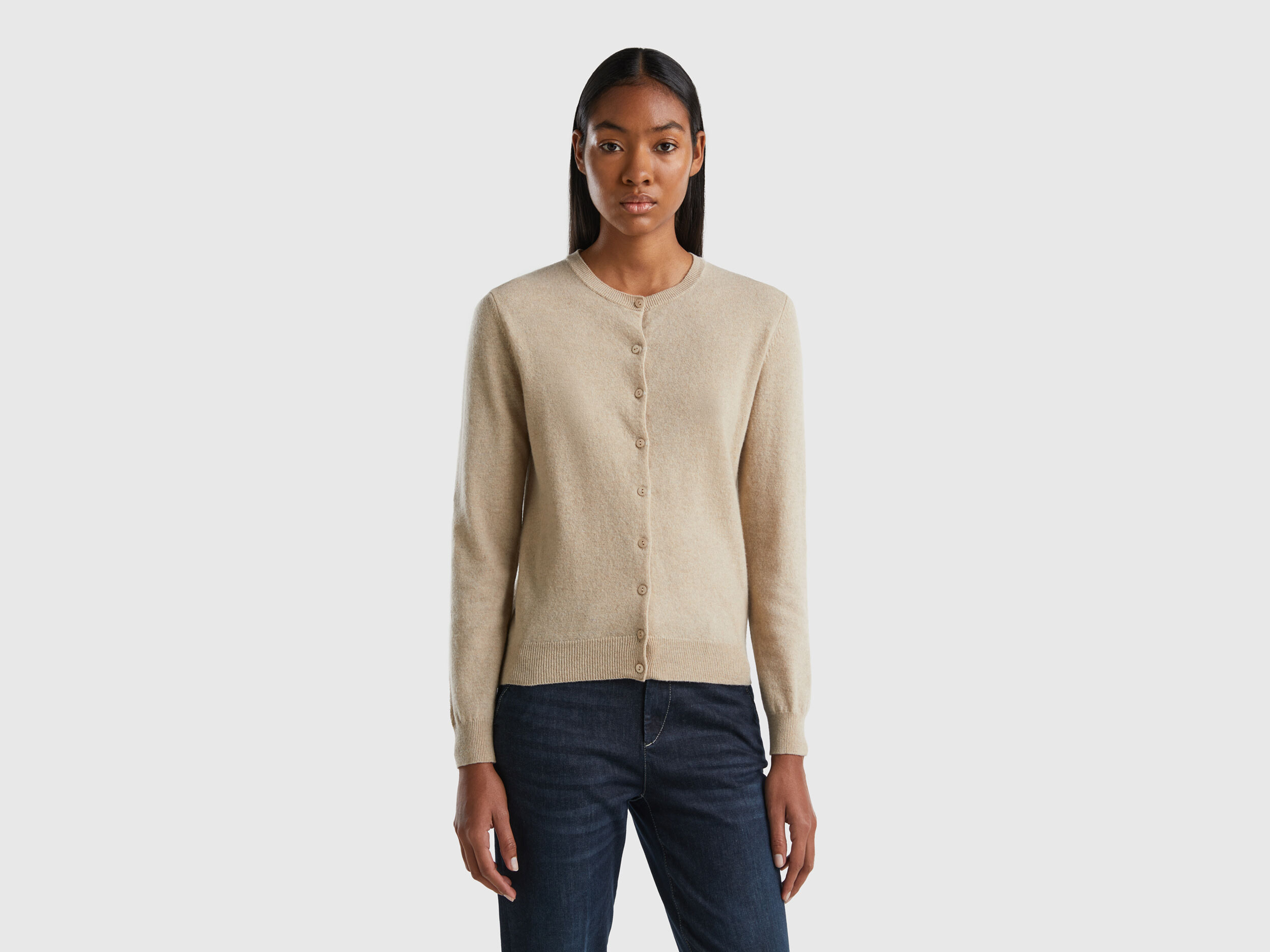 Beige crew neck cardigan in pure Merino wool Beige Benetton
