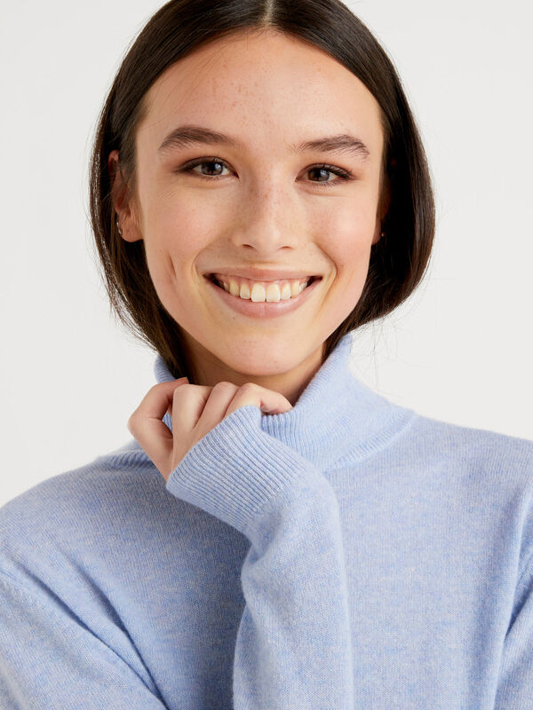 Sky blue turtleneck sweater in pure Merino wool Women