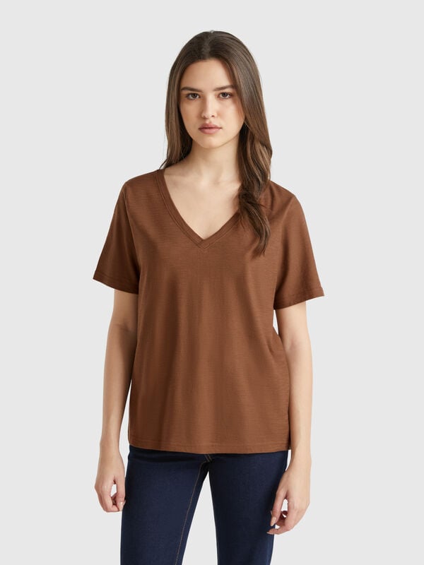 Camiseta de algodón flameado con escote de pico Mujer