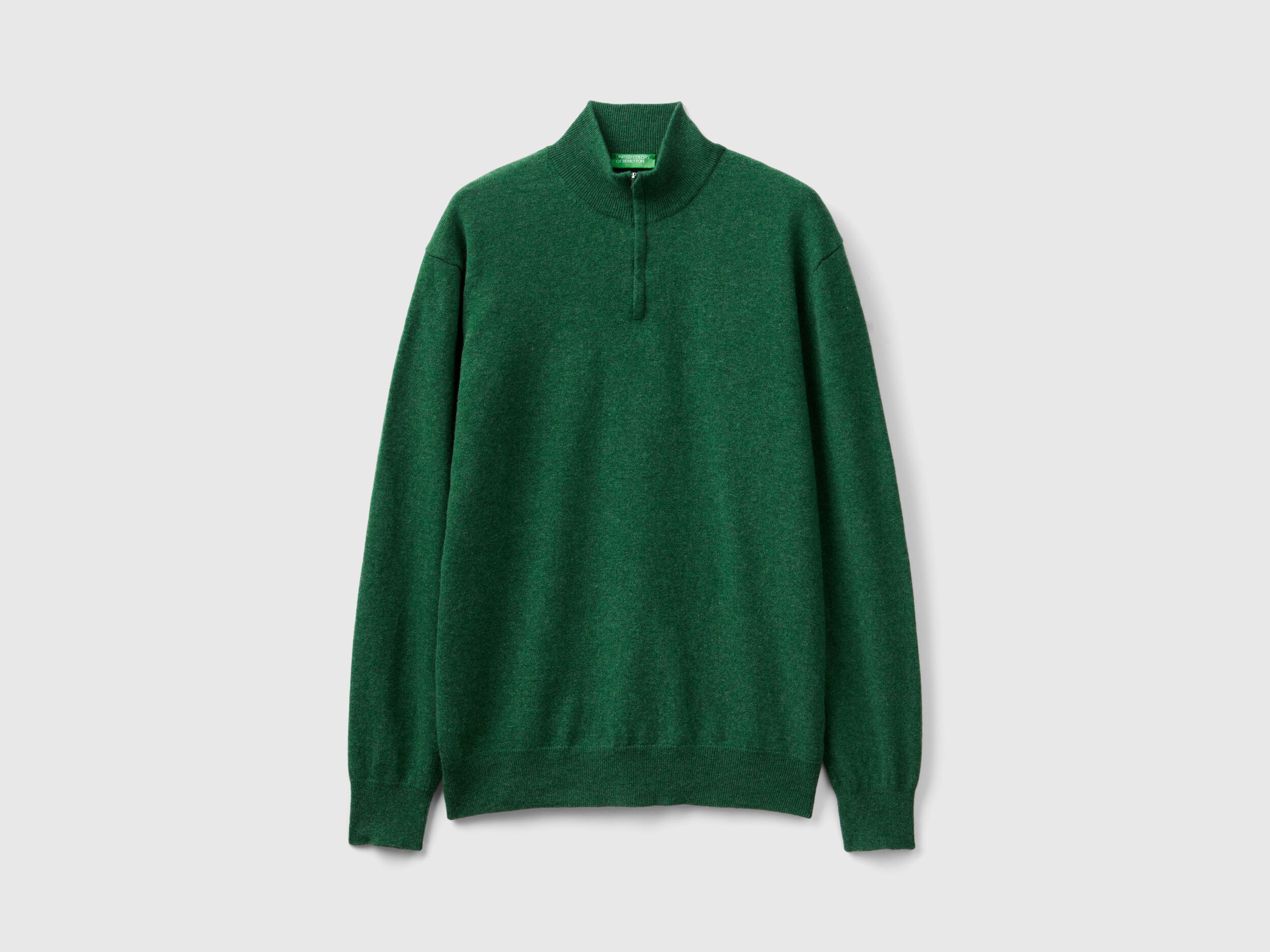 Marl green zip-up sweater in 100% Merino wool - Green | Benetton