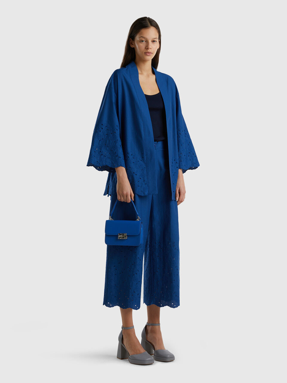 Kimono jacket with broderie anglaise details Dark Blue Benetton