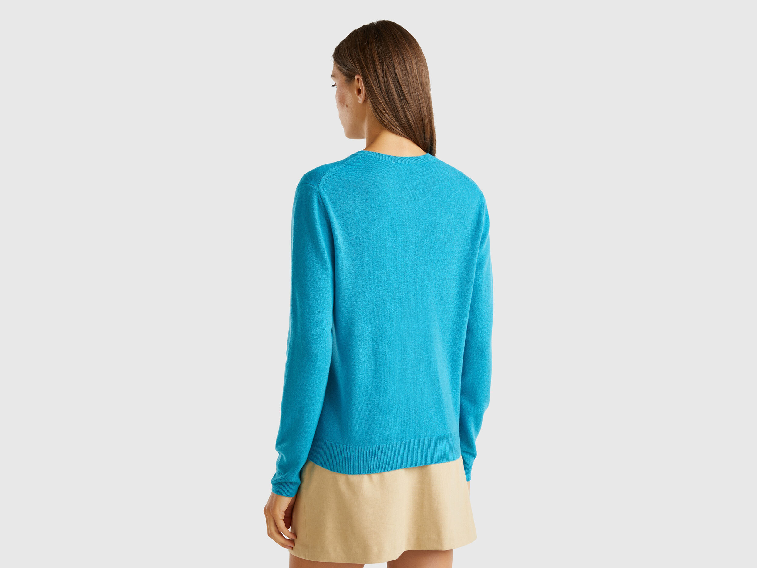 Turquoise crew neck cardigan in pure Merino wool Turquoise Benetton