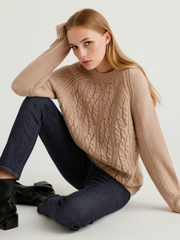 Cable Knit Crew Neck Sweater and Leggings Set - Tan