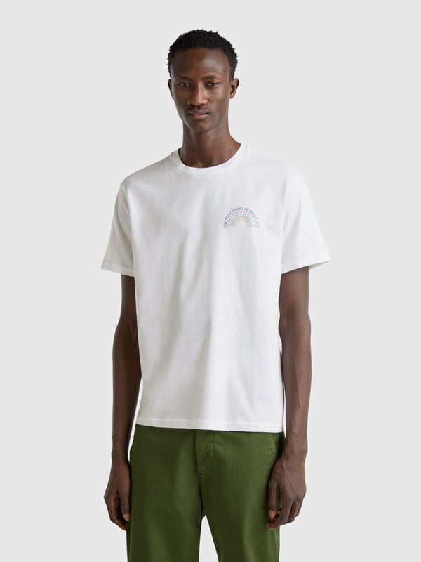 Camiseta blanca de algodón con logo multicolor Hombre