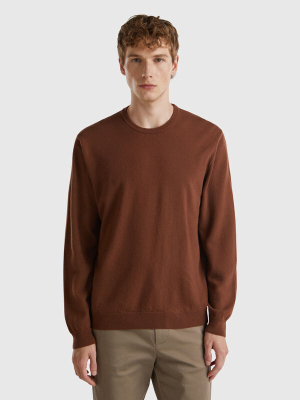 Coffee crew neck sweater in pure Merino wool Men