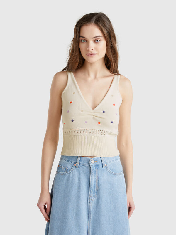 Camiseta de tirantes de punto con bordado de flores Mujer