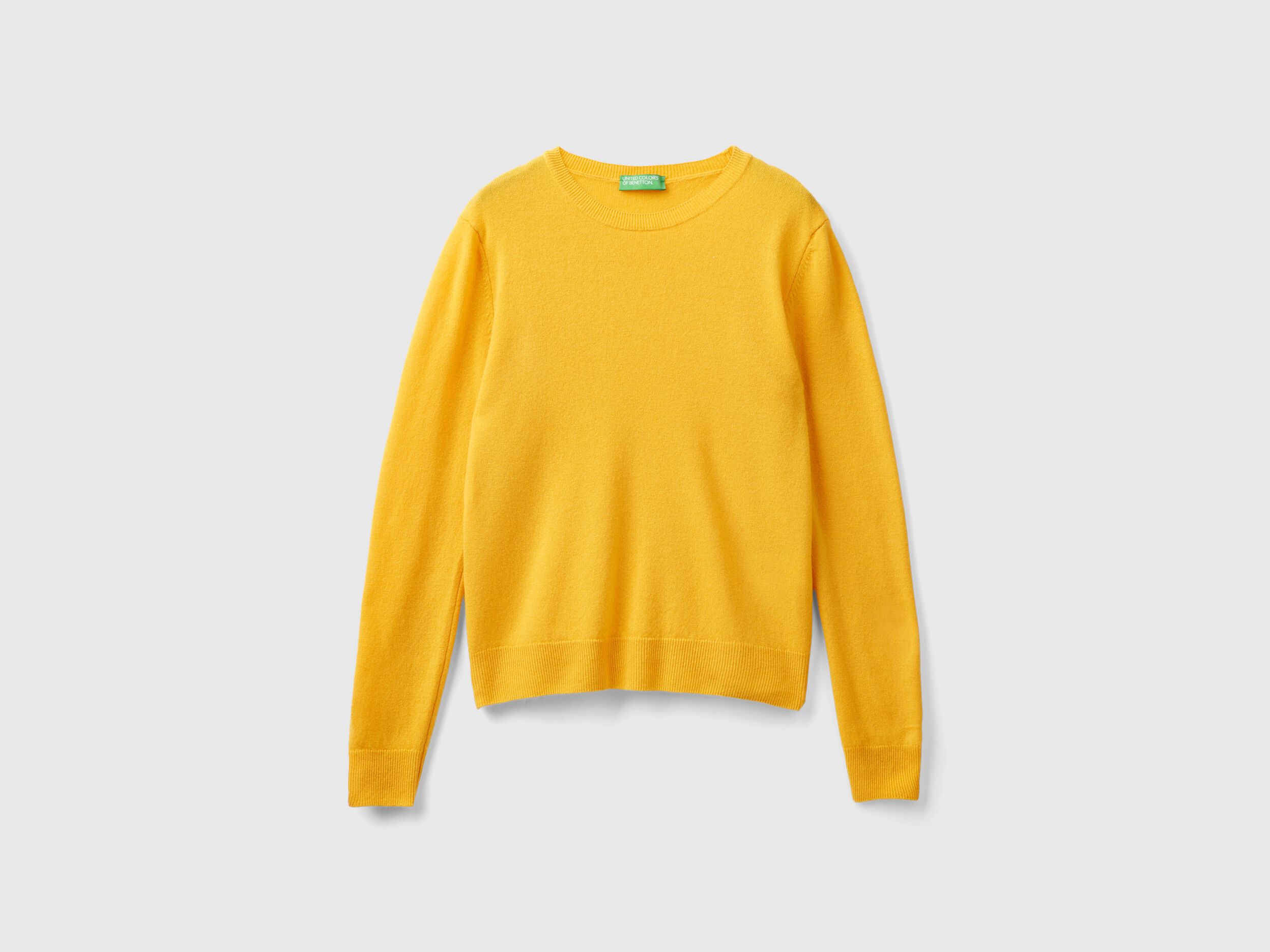 Ochre yellow crew neck sweater in pure Merino wool Mustard Benetton