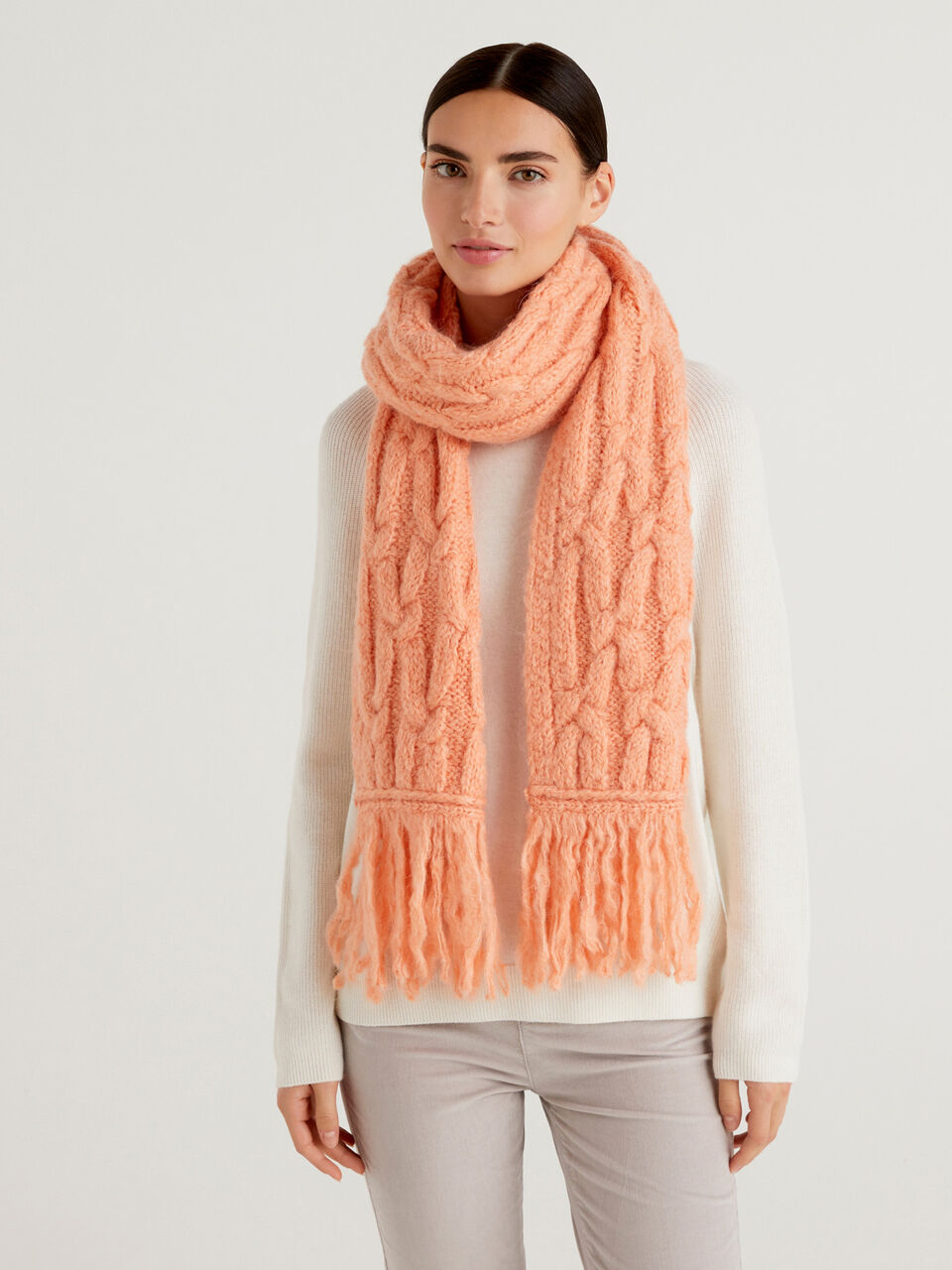 Cable knit scarf in wool blend - Pink | Benetton