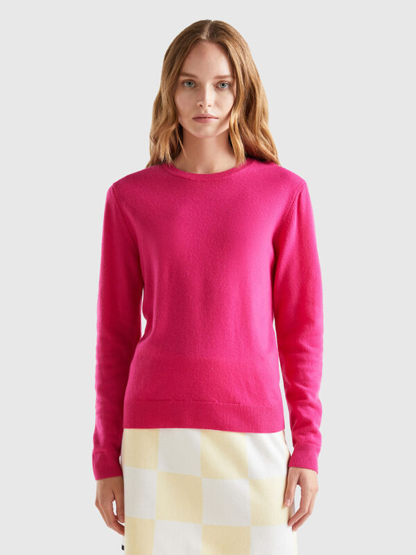 Fuchsia crew neck sweater in Merino wool Women