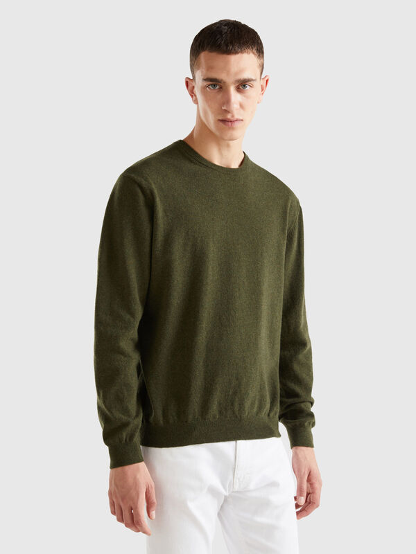 Military green crew neck sweater in pure Merino wool Men