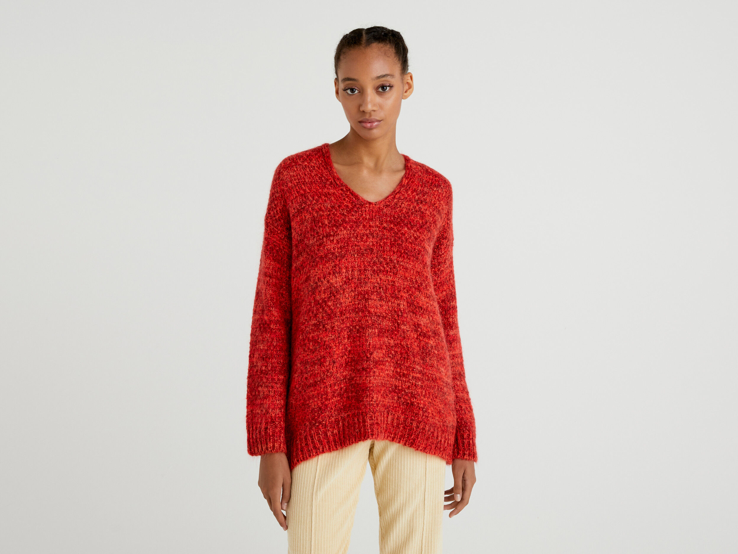 V neck sweater in mohair blend Red Benetton