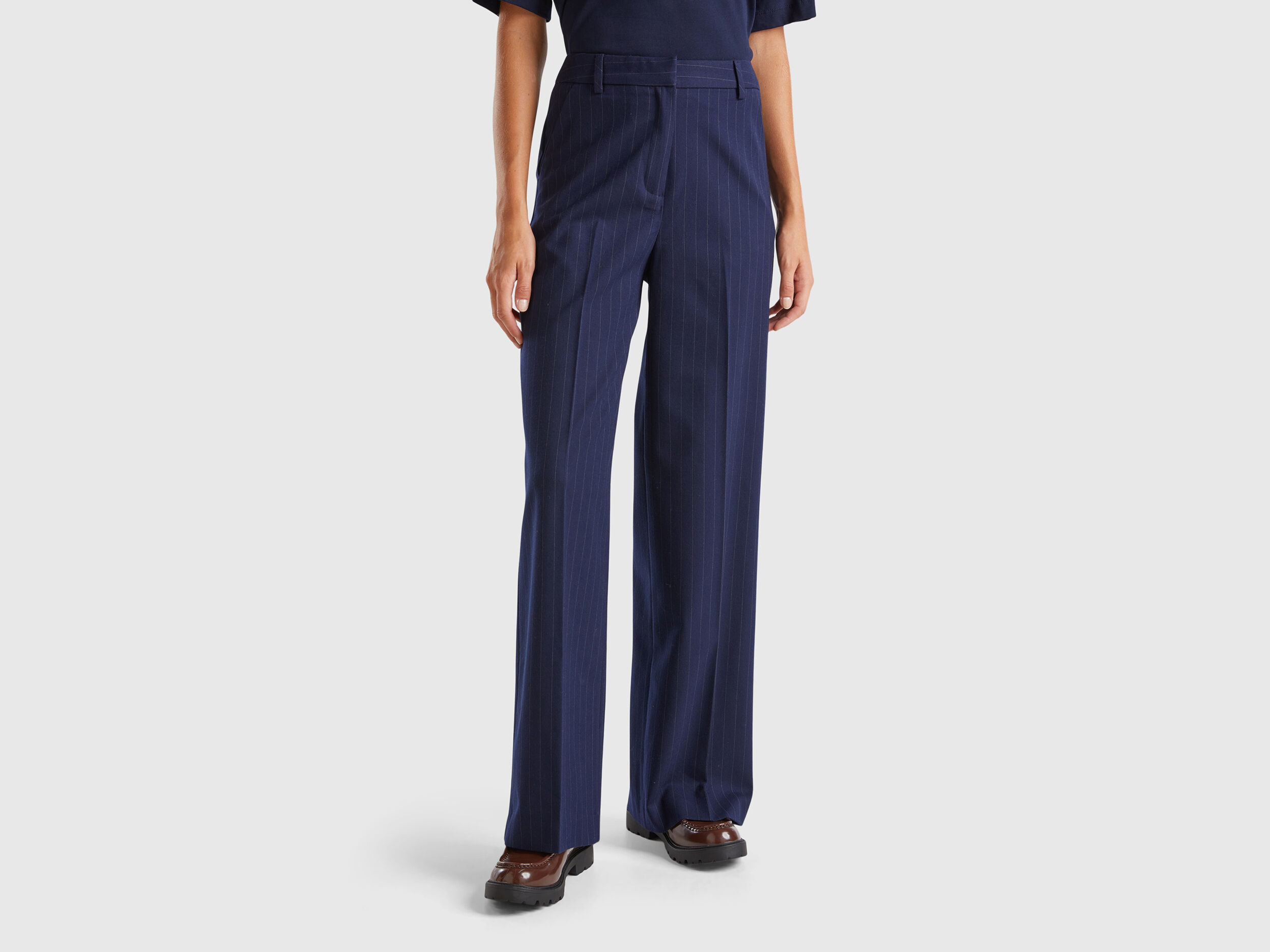 Pinstripe trousers with wide leg - Dark Blue | Benetton