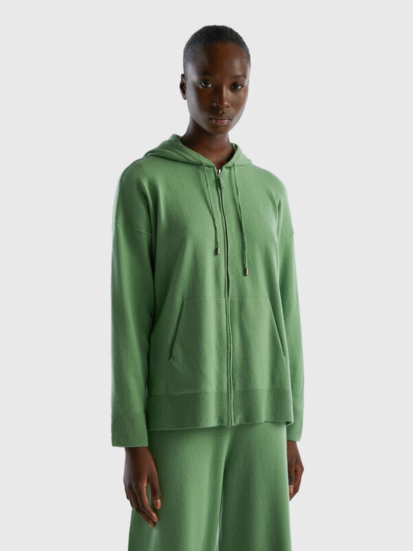 Sage green sweater in cashmere blend with hood Women