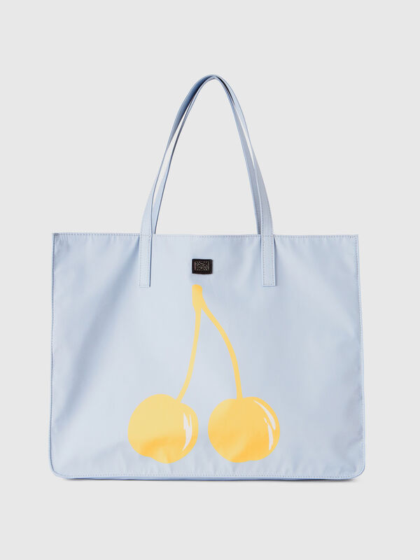 Sky blue tote bag with cherry print Women
