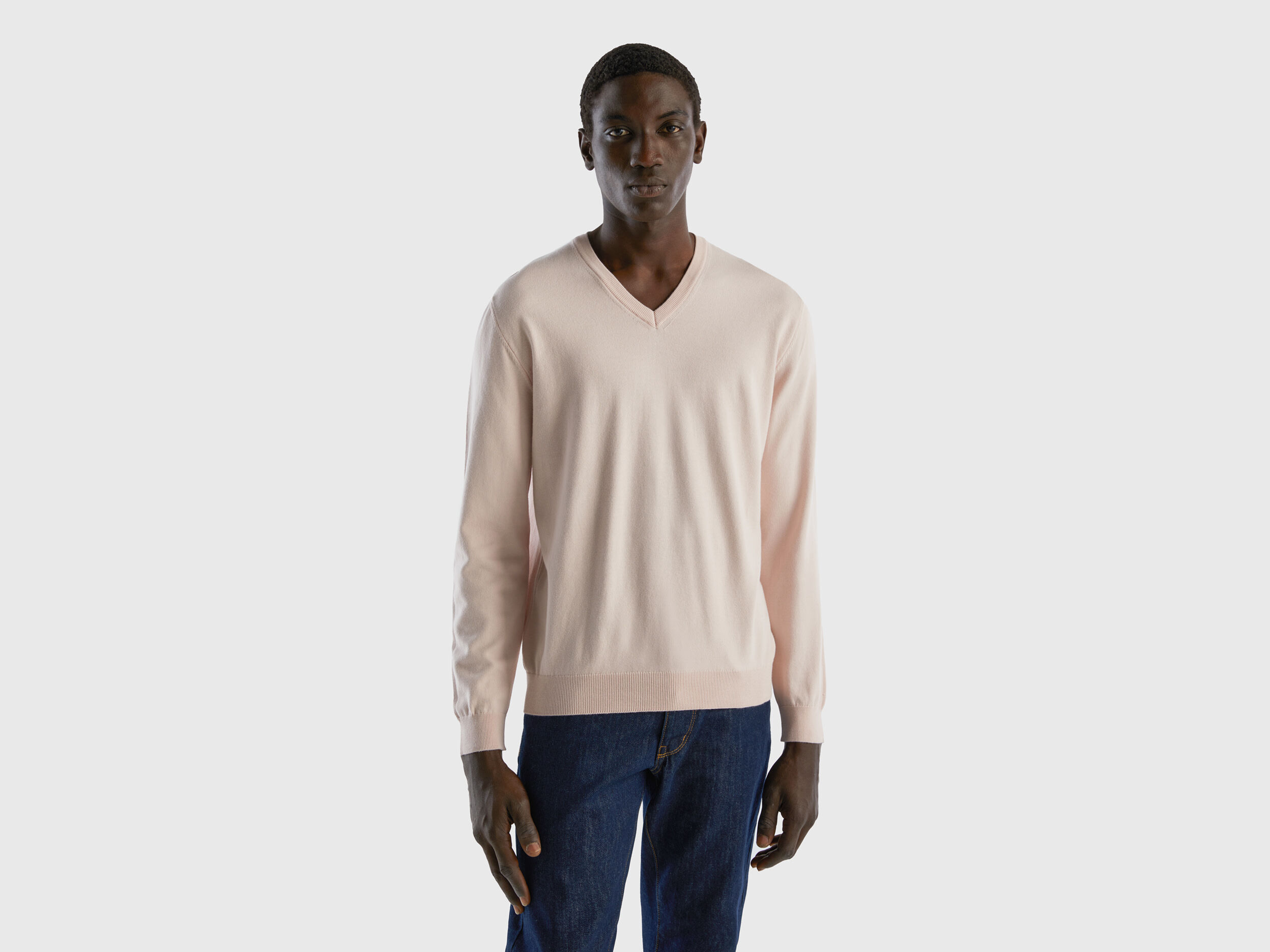 V neck sweater in pure cotton Soft Pink Benetton