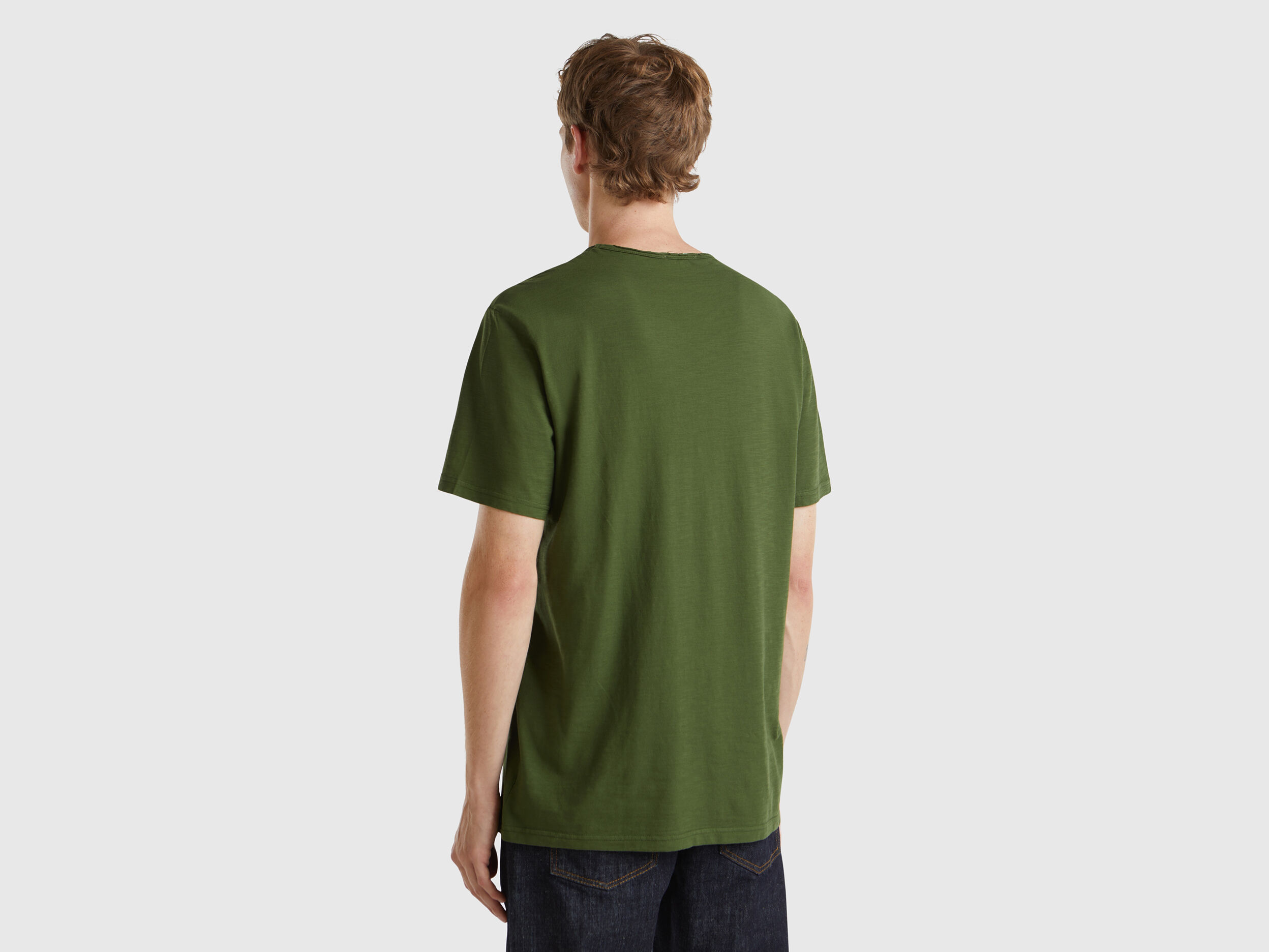 Olive green slub cotton t shirt Olive Green Benetton