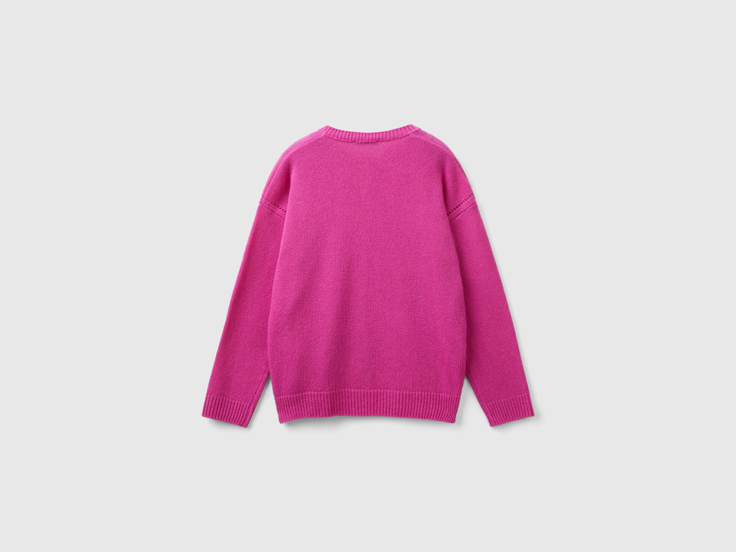 Crew neck cardigan with rhinestone logo - Fuchsia | Benetton