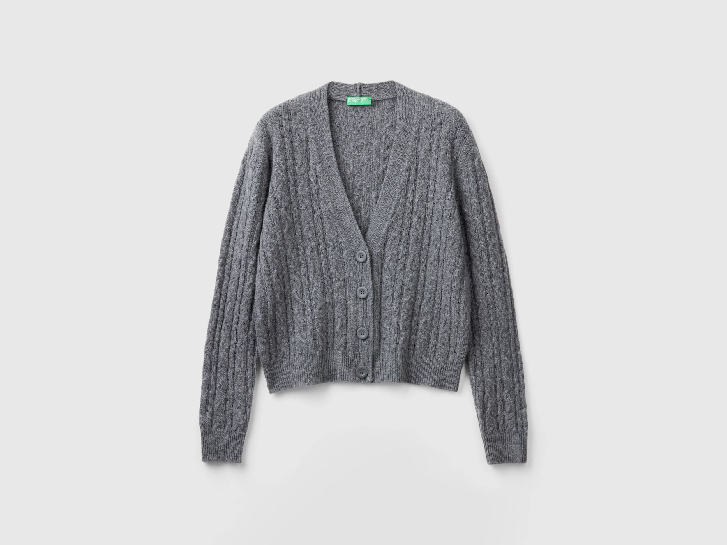 Boxy fit cardigan with cable knit and perforations - Dark Gray | Benetton