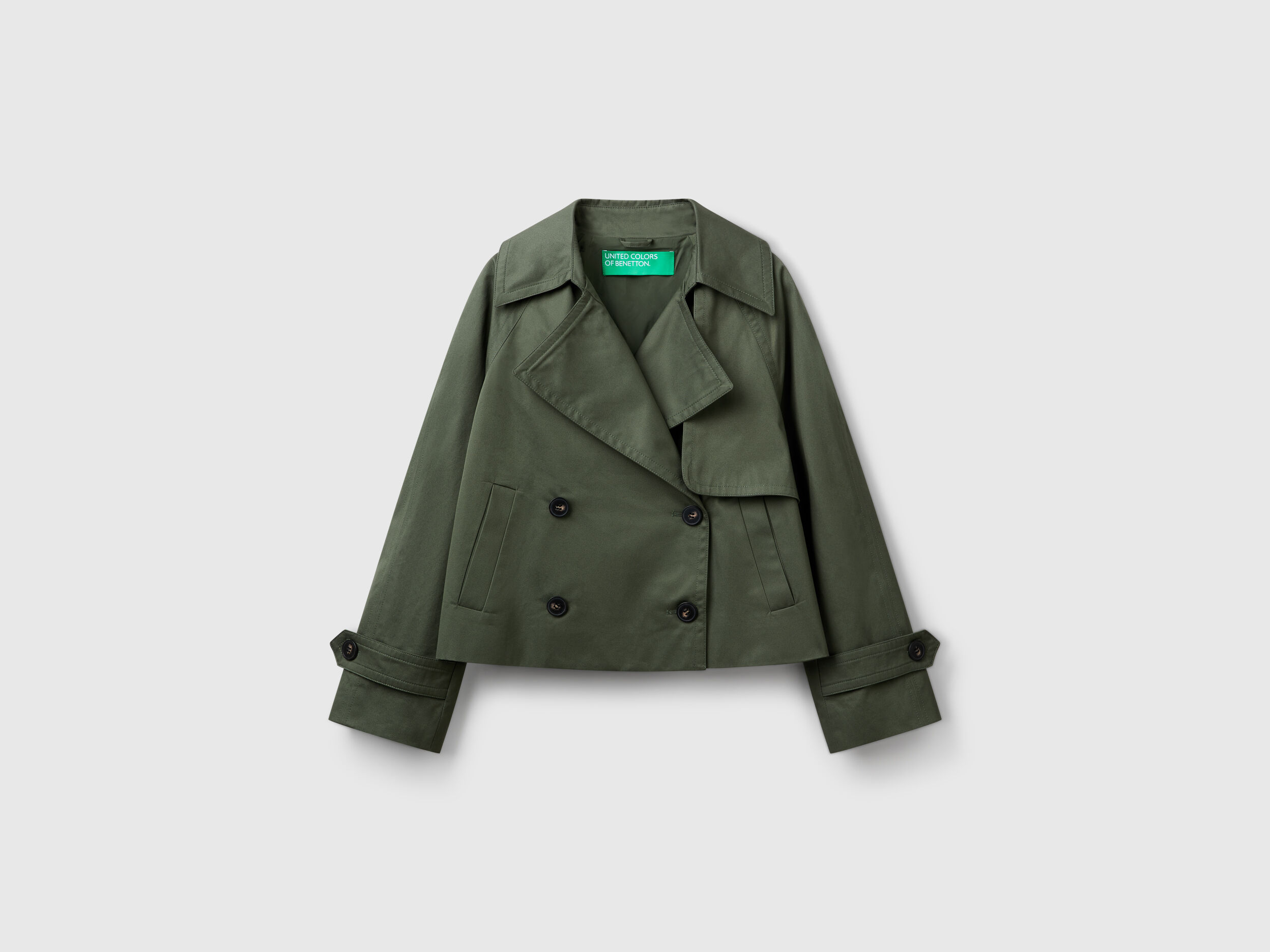 Cropped double-breasted trench coat - Military Green | Benetton