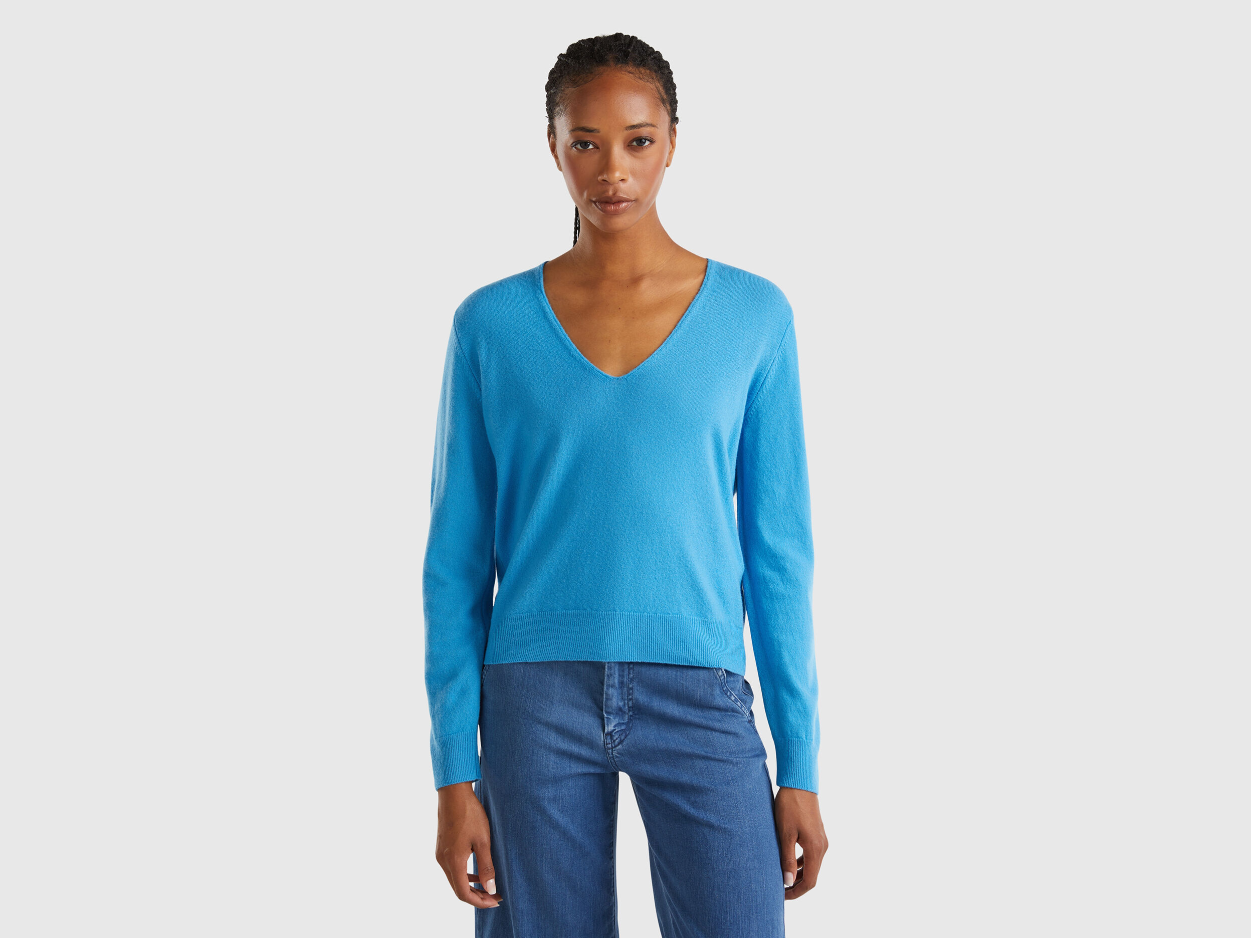 Blue v neck sweater women's cheap