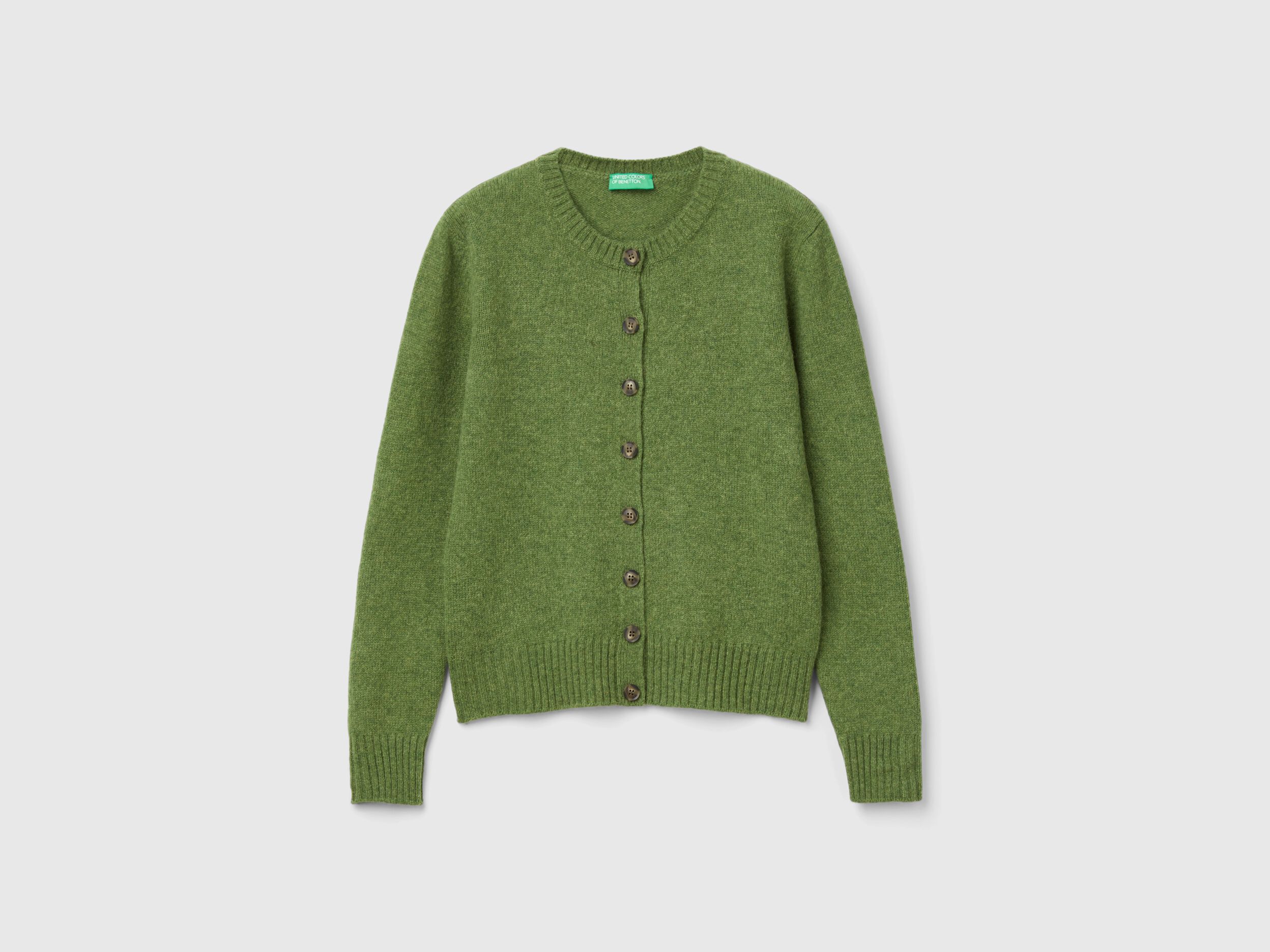 Cardigan in pure Shetland wool - Olive Green | Benetton Cardigan in pure Shetland wool - Olive Green | Benetton