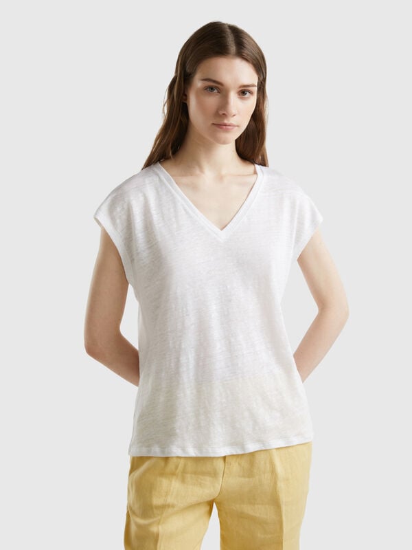 Camiseta de lino puro con cuello de pico Mujer